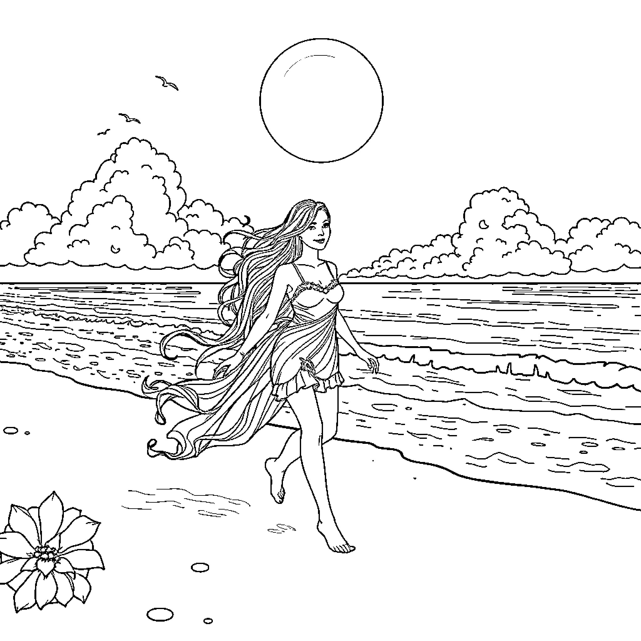 Pony frolicking joyfully on the beach Coloring Page (free black-and-white line drawing printable PDF for all, from beginners to advanced learners, including children, teens, adults, and seniors)