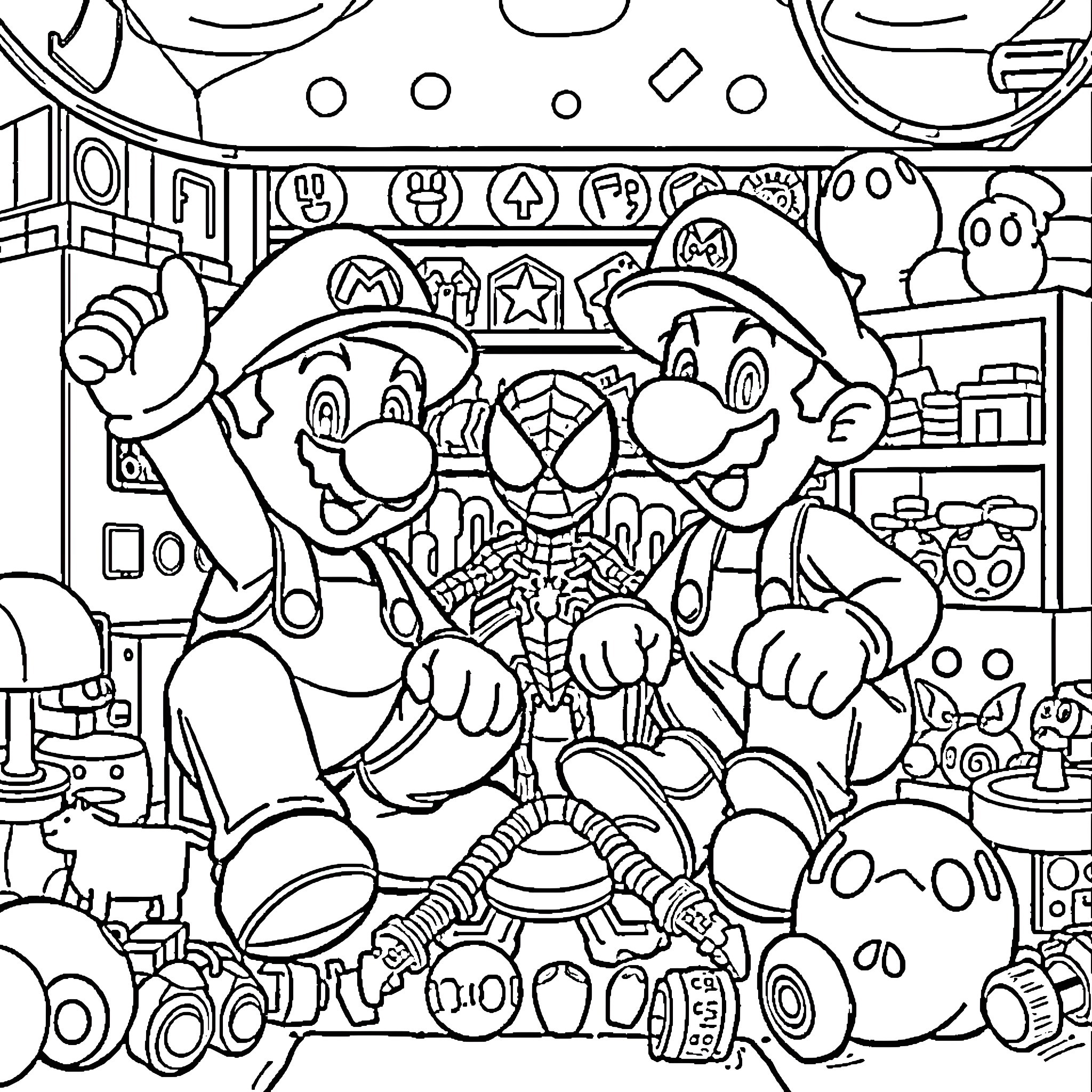 Mario and Friends Celebrate in Colorful Adventure Coloring Page (free black-and-white line drawing printable PDF for all, from beginners to advanced learners, including children, teens, adults, and seniors)