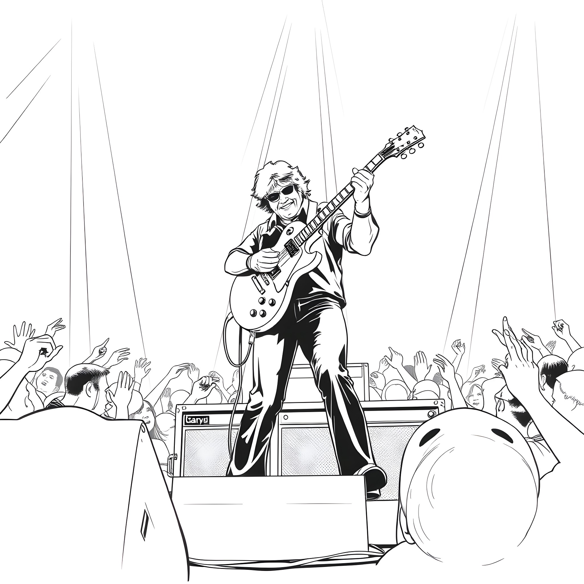 Gary Moore performing on stage with guitar Coloring Page (free black-and-white line drawing printable PDF for all, from beginners to advanced learners, including children, teens, adults, and seniors)