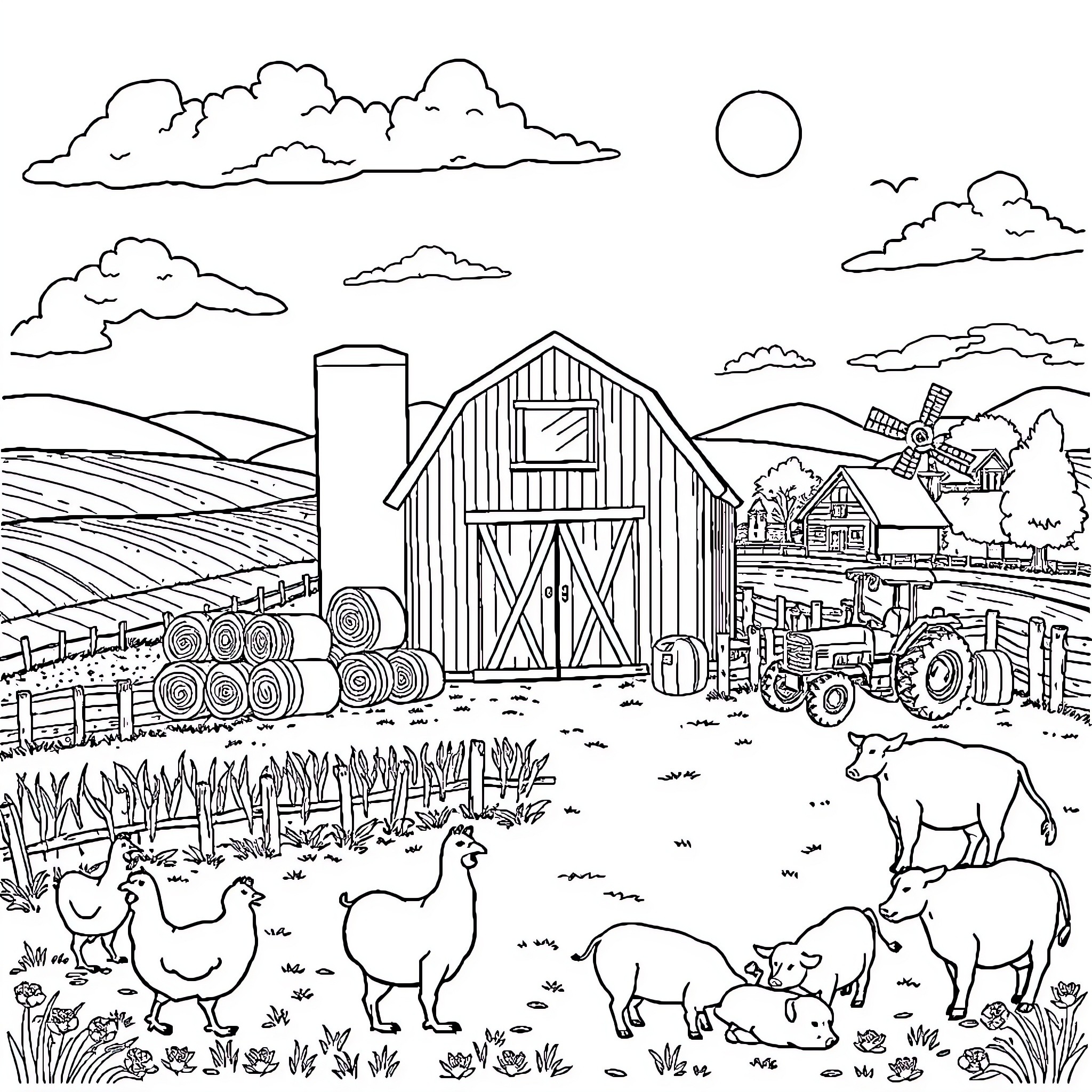 Farm scene with barn, farm animals, and agricultural equipment Coloring Page (free black-and-white line drawing printable PDF for all, from beginners to advanced learners, including children, teens, adults, and seniors)