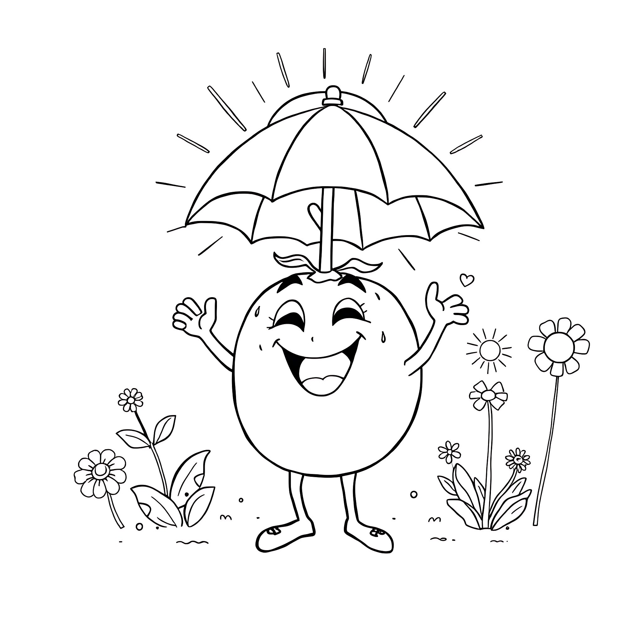 Tomato enjoying a sunny day under an umbrella Coloring Page (free black-and-white line drawing printable PDF for all, from beginners to advanced learners, including children, teens, adults, and seniors)