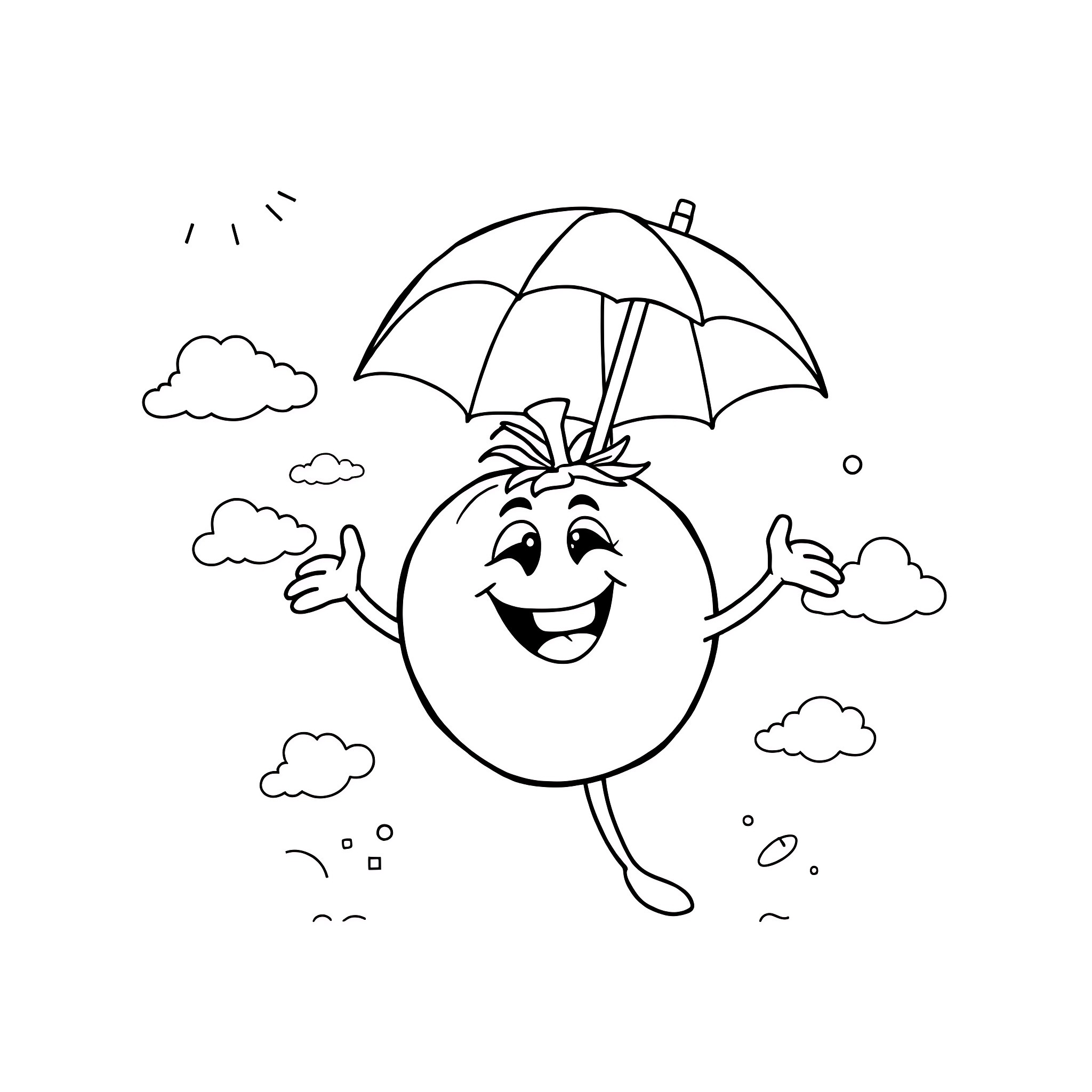 Tomato character with umbrella enjoying the weather Coloring Page (free black-and-white line drawing printable PDF for all, from beginners to advanced learners, including children, teens, adults, and seniors)