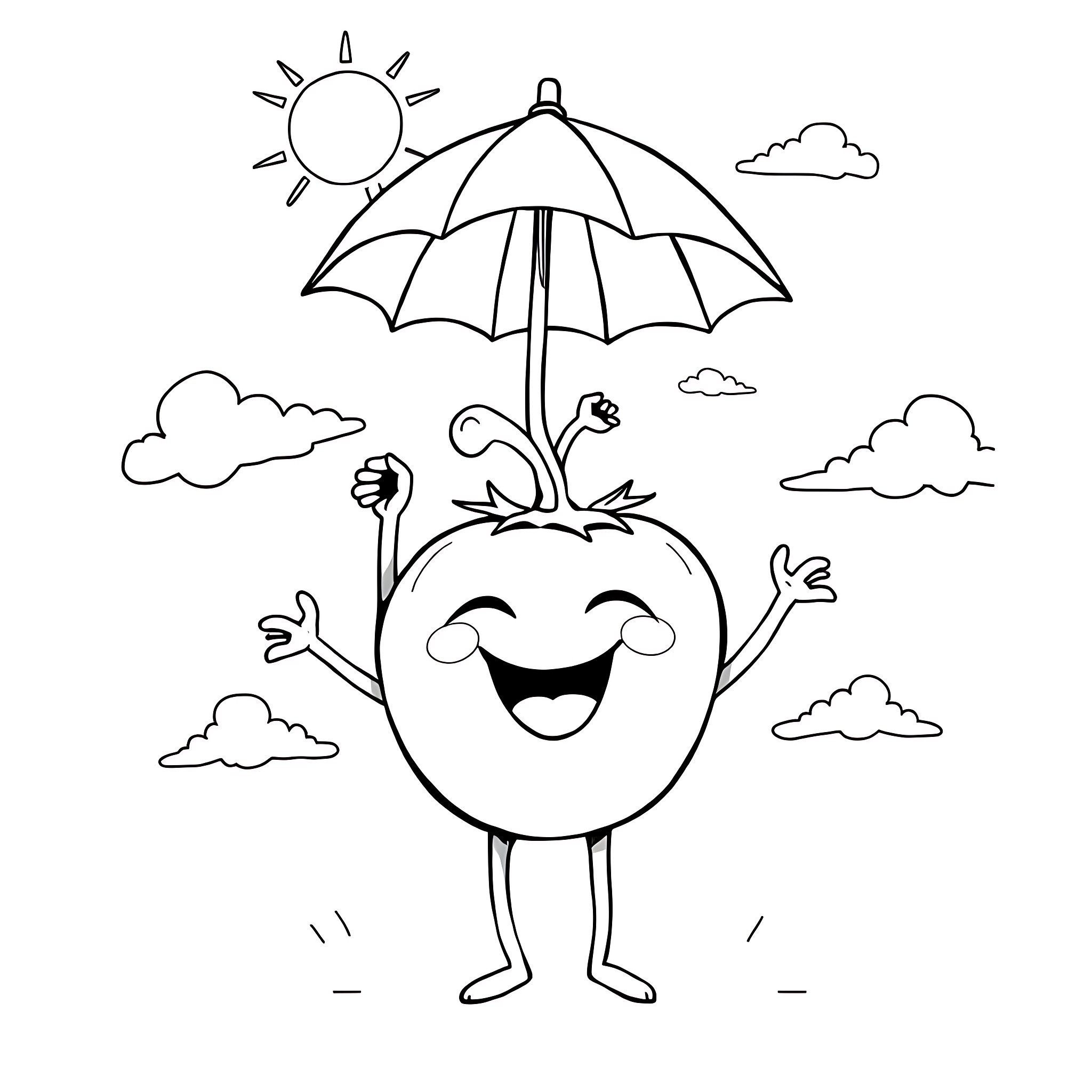 Tomato character enjoying sunny day under umbrella Coloring Page (free black-and-white line drawing printable PDF for all, from beginners to advanced learners, including children, teens, adults, and seniors)