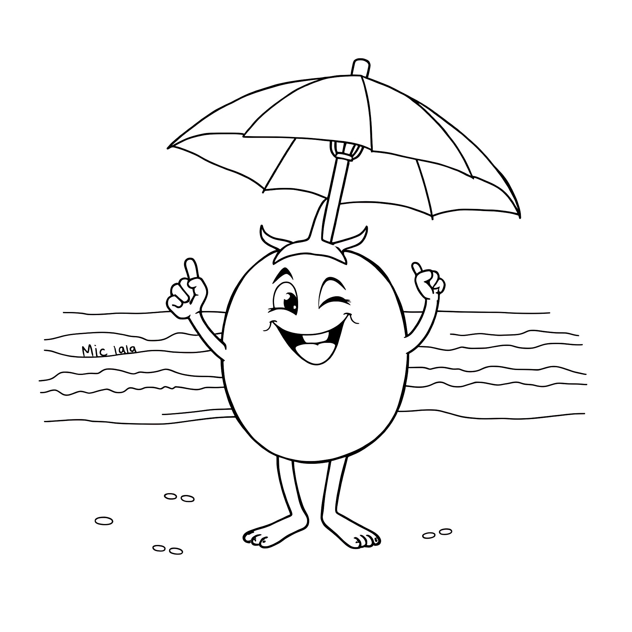 Tomato figure enjoying the beach with umbrella Coloring Page (free black-and-white line drawing printable PDF for all, from beginners to advanced learners, including children, teens, adults, and seniors)