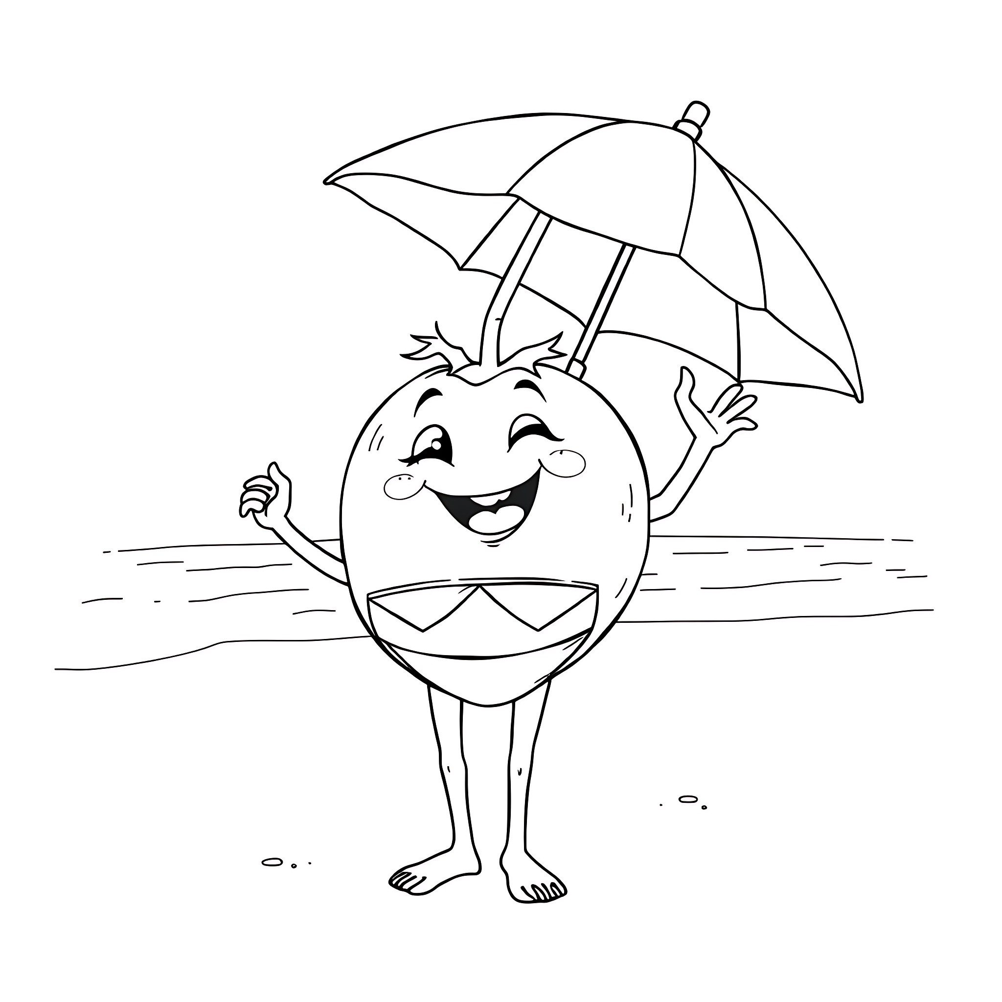 Tomato character enjoying time at the beach Coloring Page (free black-and-white line drawing printable PDF for all, from beginners to advanced learners, including children, teens, adults, and seniors)