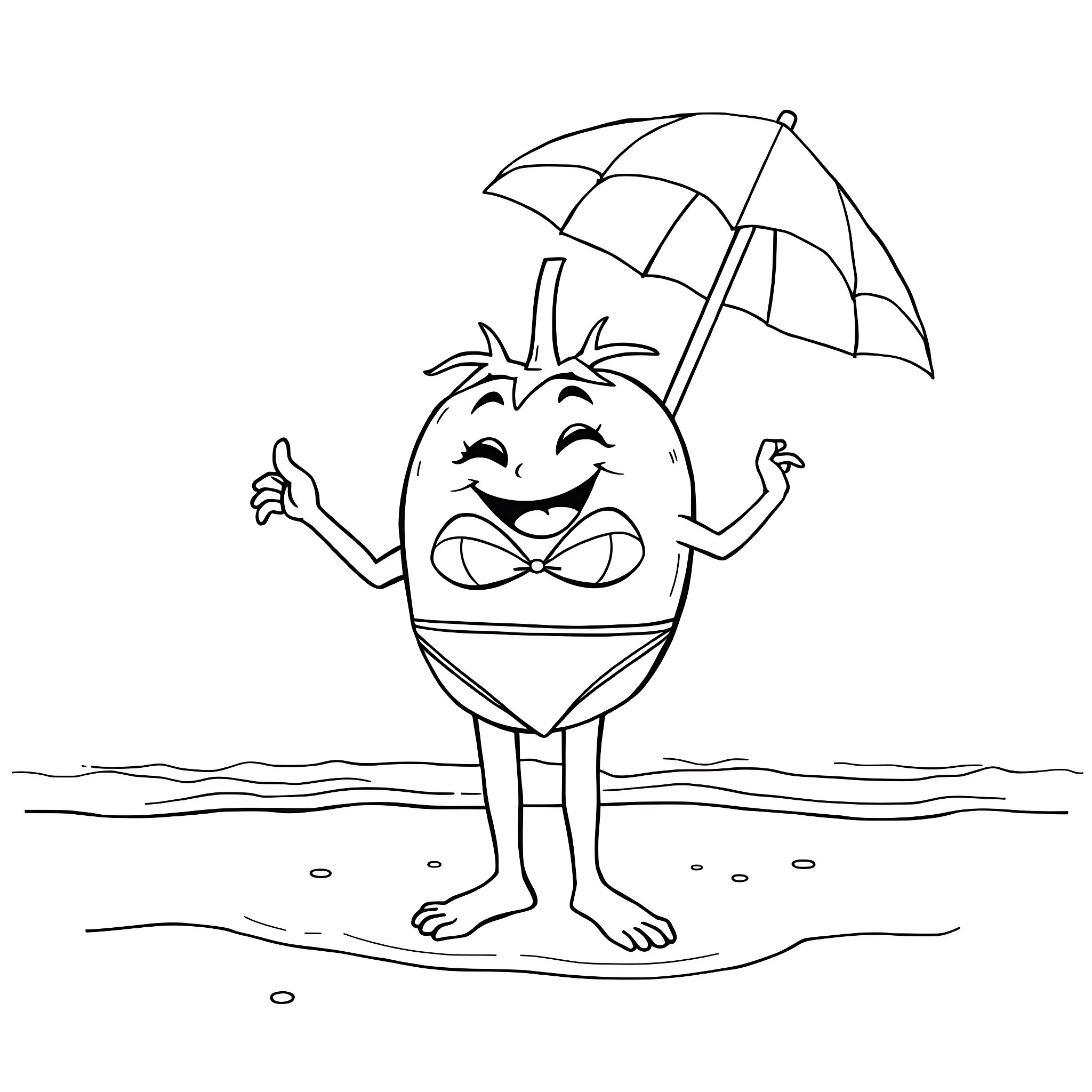 Tomato character holding umbrella on the beach Coloring Page (free black-and-white line drawing printable PDF for all, from beginners to advanced learners, including children, teens, adults, and seniors)