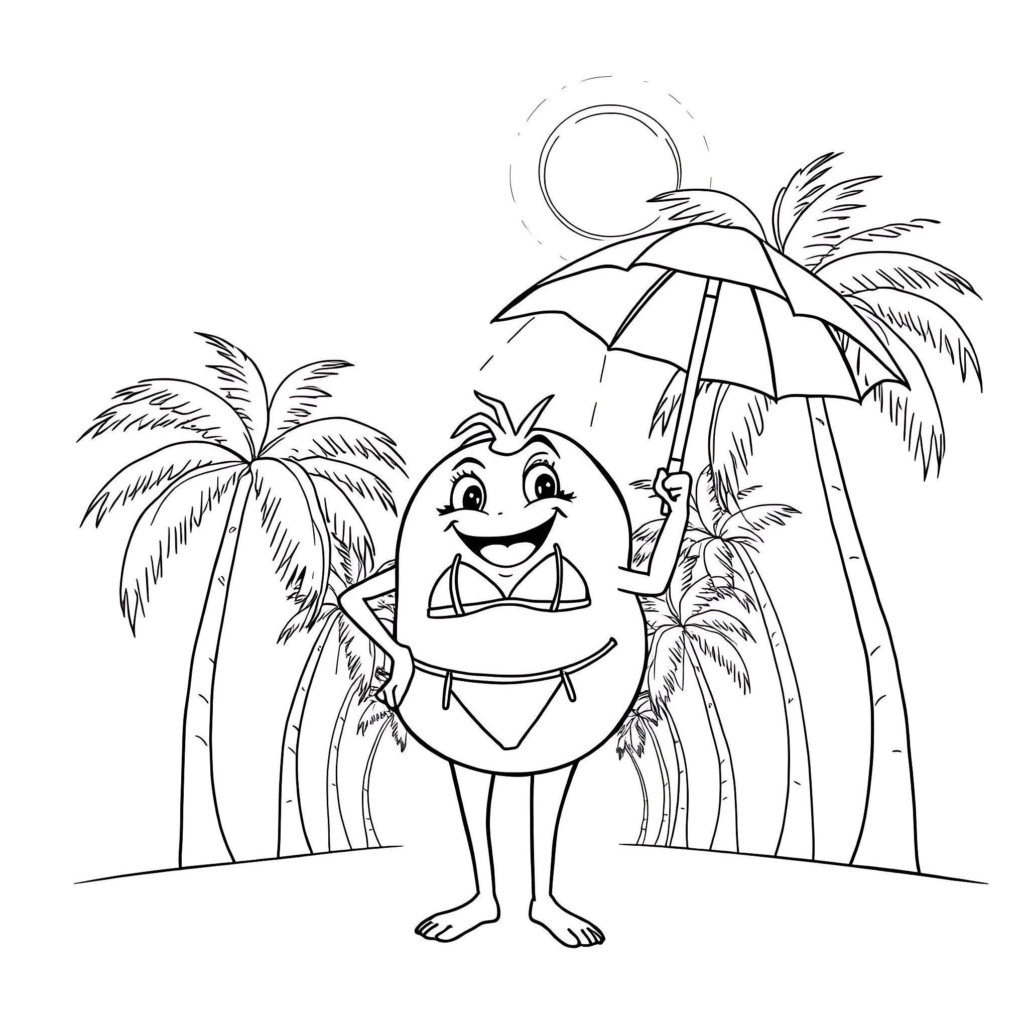 Tomato enjoying a sunny day at the beach Coloring Page (free black-and-white line drawing printable PDF for all, from beginners to advanced learners, including children, teens, adults, and seniors)