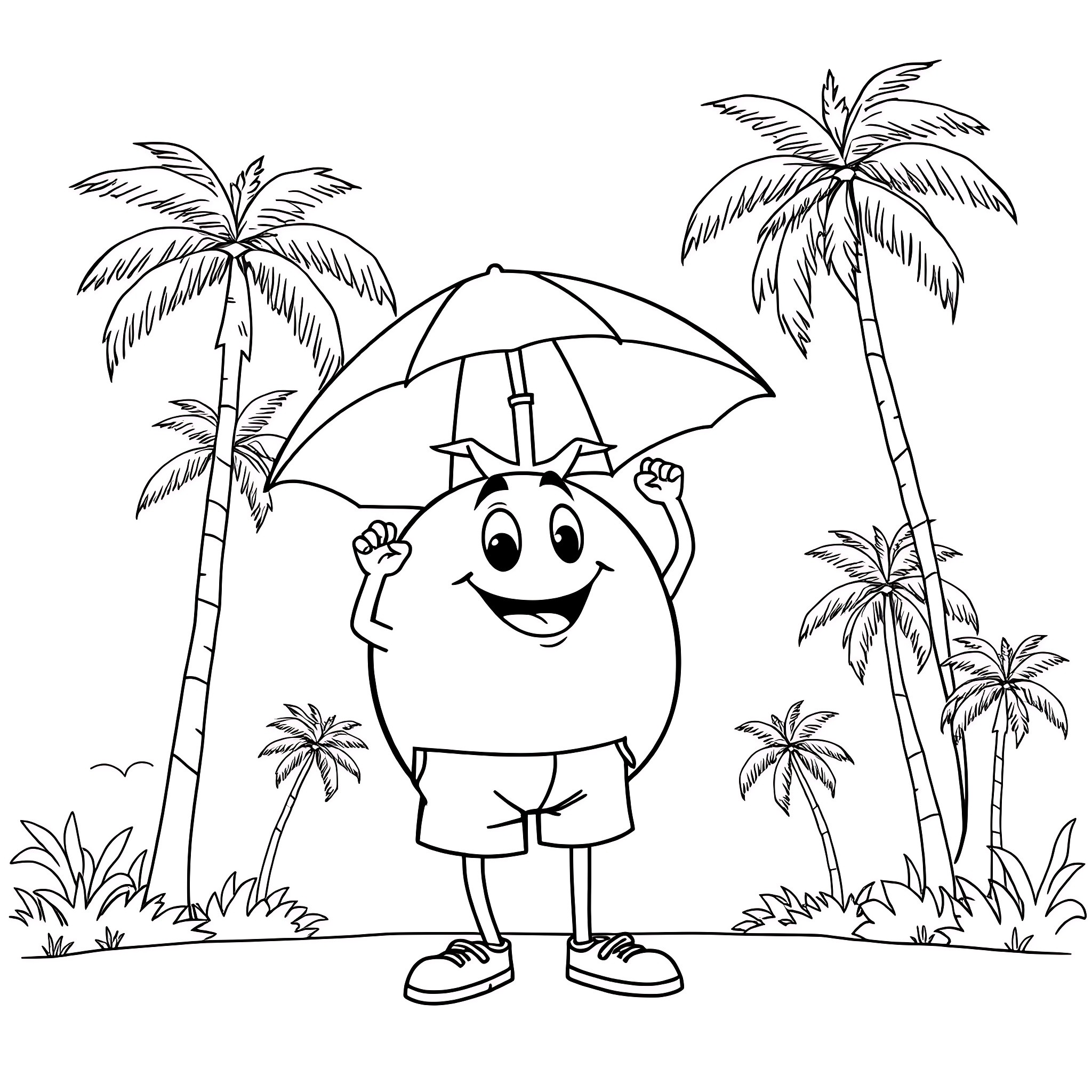 Tomato character enjoying vacation in tropical paradise Coloring Page (free black-and-white line drawing printable PDF for all, from beginners to advanced learners, including children, teens, adults, and seniors)