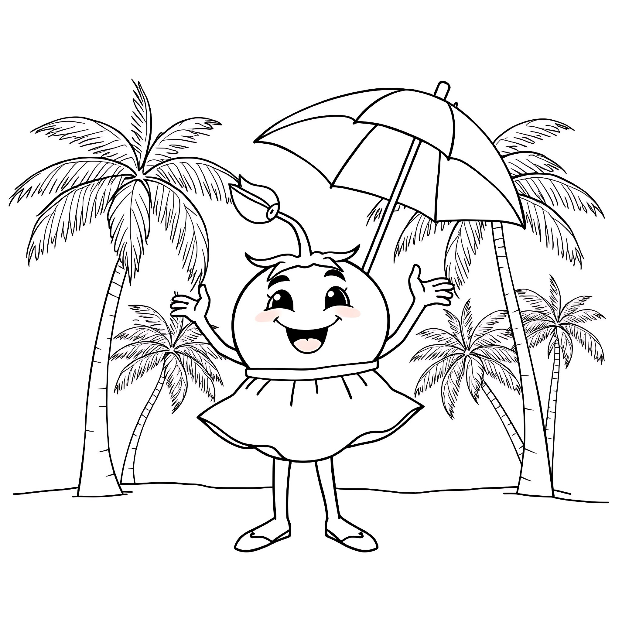 Tomato character enjoying the beach under palm trees Coloring Page (free black-and-white line drawing printable PDF for all, from beginners to advanced learners, including children, teens, adults, and seniors)