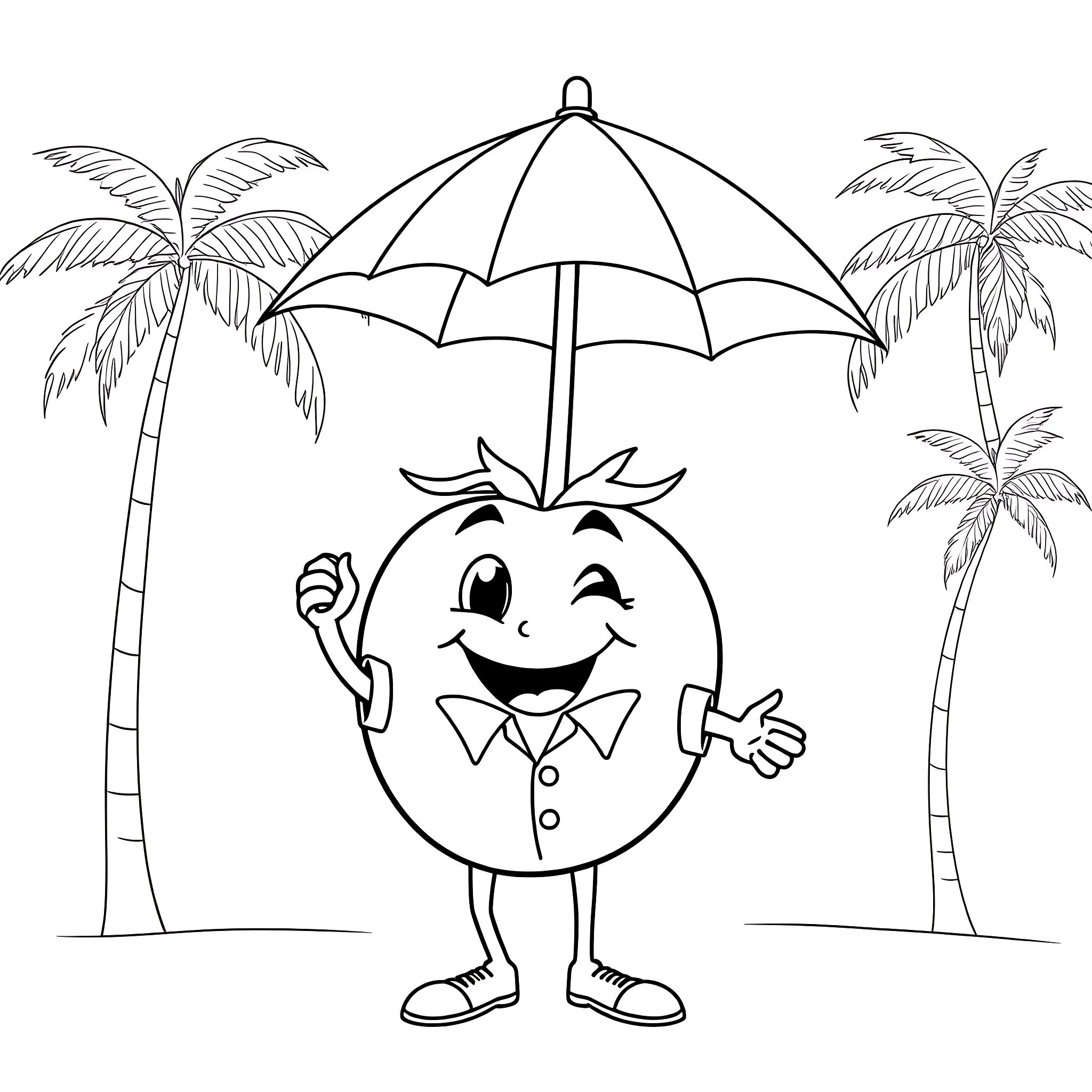 Tomato character enjoying a sunny day at the beach Coloring Page (free black-and-white line drawing printable PDF for all, from beginners to advanced learners, including children, teens, adults, and seniors)