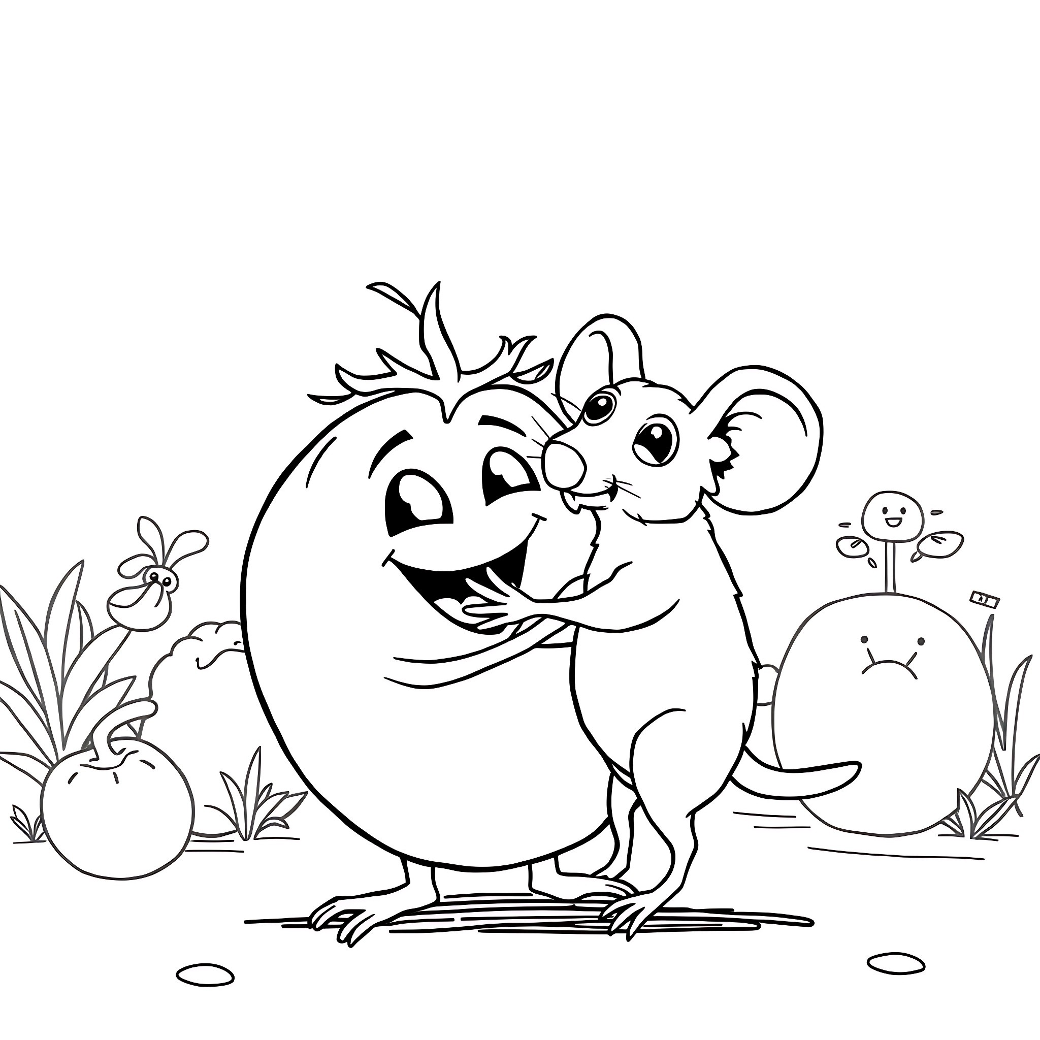Tomato mouse playing happily with friends in the garden Coloring Page (free black-and-white line drawing printable PDF for all, from beginners to advanced learners, including children, teens, adults, and seniors)