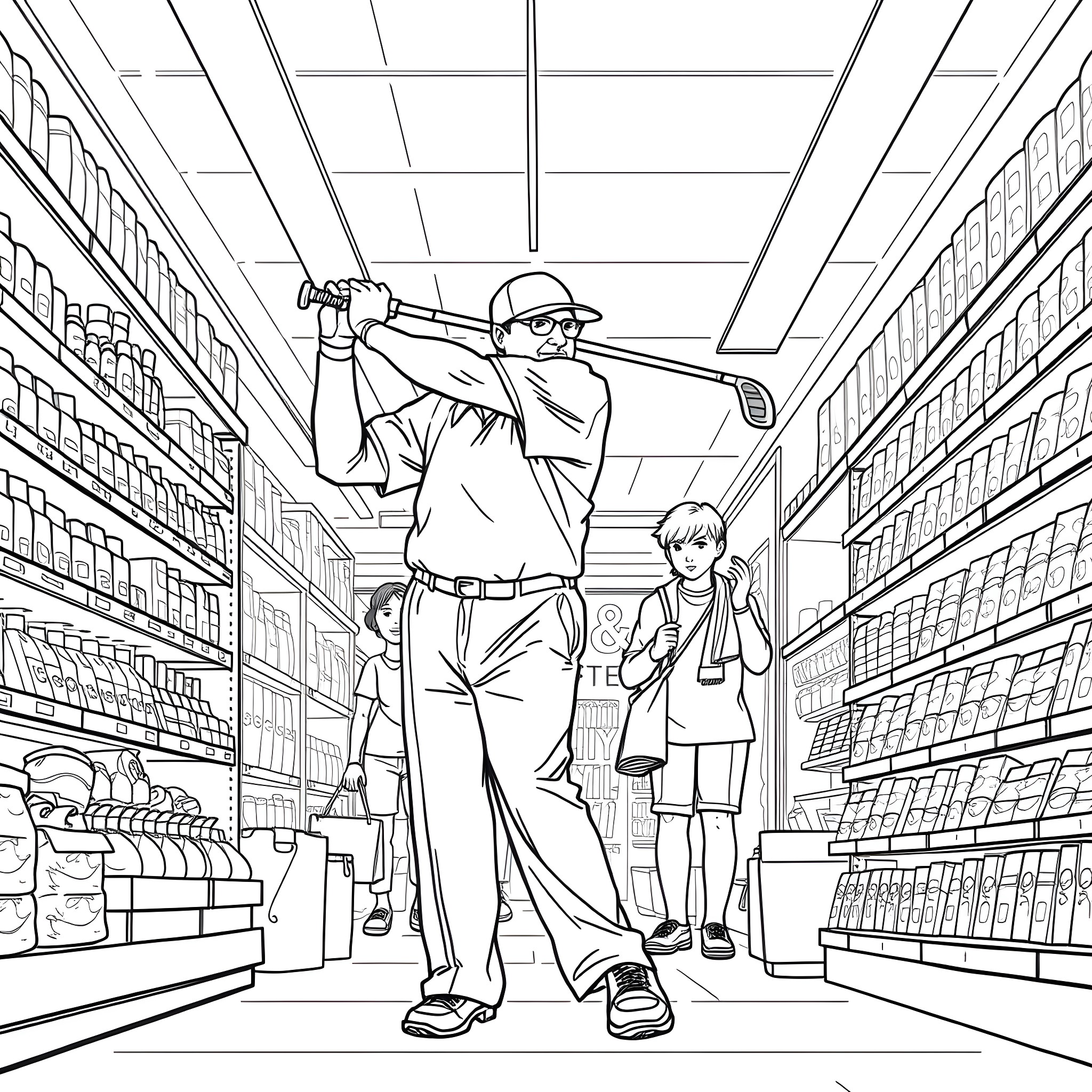 Mr. Miyagi strolling through the grocery store with young student Coloring Page (free black-and-white line drawing printable PDF for all, from beginners to advanced learners, including children, teens, adults, and seniors)