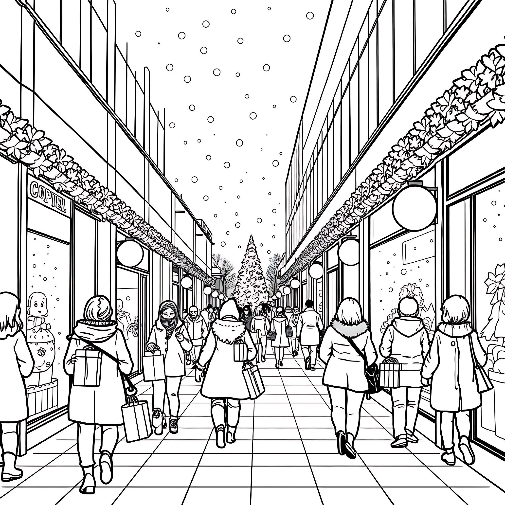 Winter scene with people walking through snowy town Coloring Page (free black-and-white line drawing printable PDF for all, from beginners to advanced learners, including children, teens, adults, and seniors)
