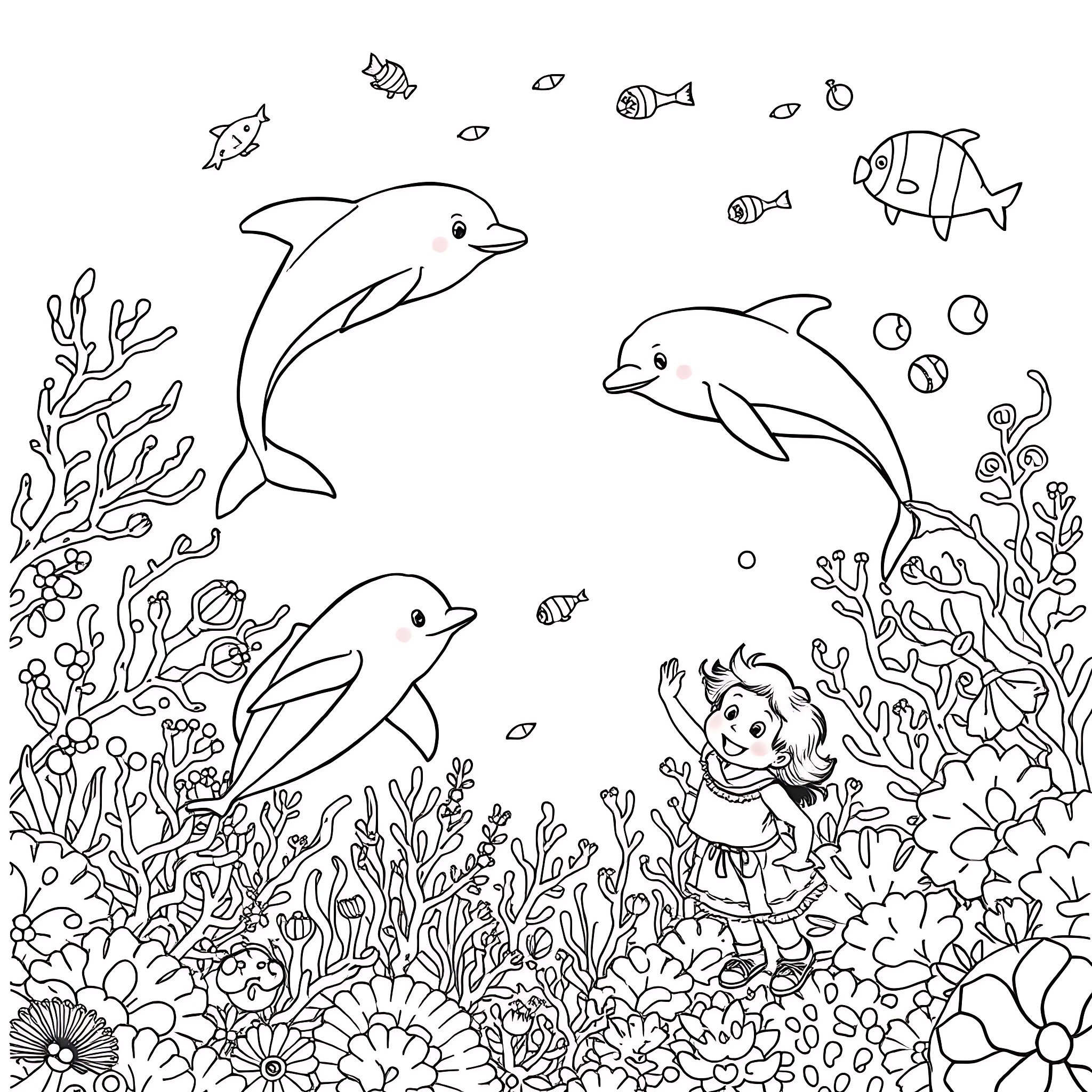 Sea Creatures Frolicking in the Underwater Wonderland Coloring Page (free black-and-white line drawing printable PDF for all, from beginners to advanced learners, including children, teens, adults, and seniors)