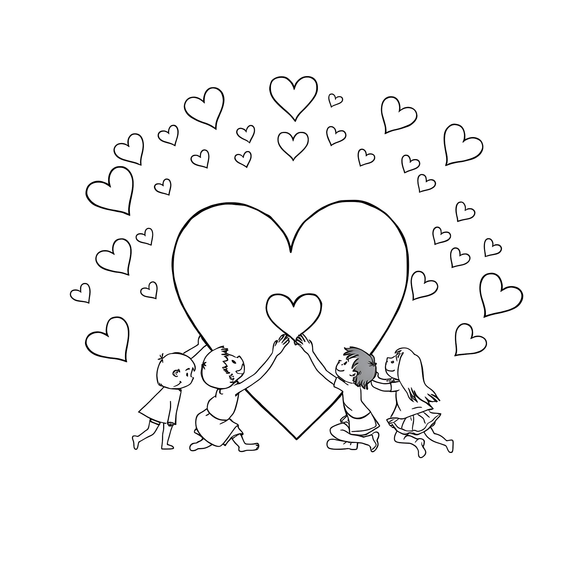 Heart-shaped romance with playful children Coloring Page (free black-and-white line drawing printable PDF for all, from beginners to advanced learners, including children, teens, adults, and seniors)