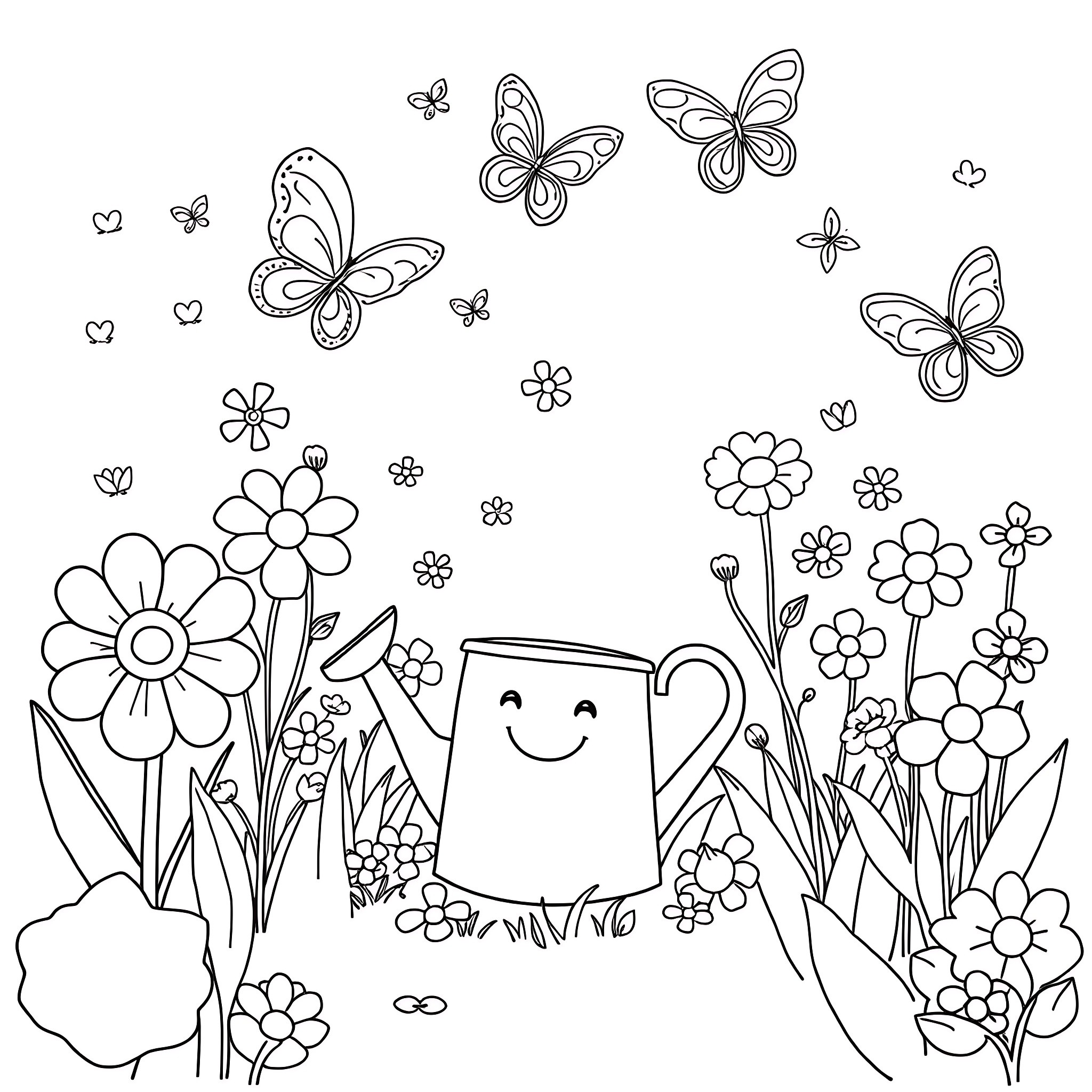 Flower garden with playful butterflies Coloring Page (free black-and-white line drawing printable PDF for all, from beginners to advanced learners, including children, teens, adults, and seniors)