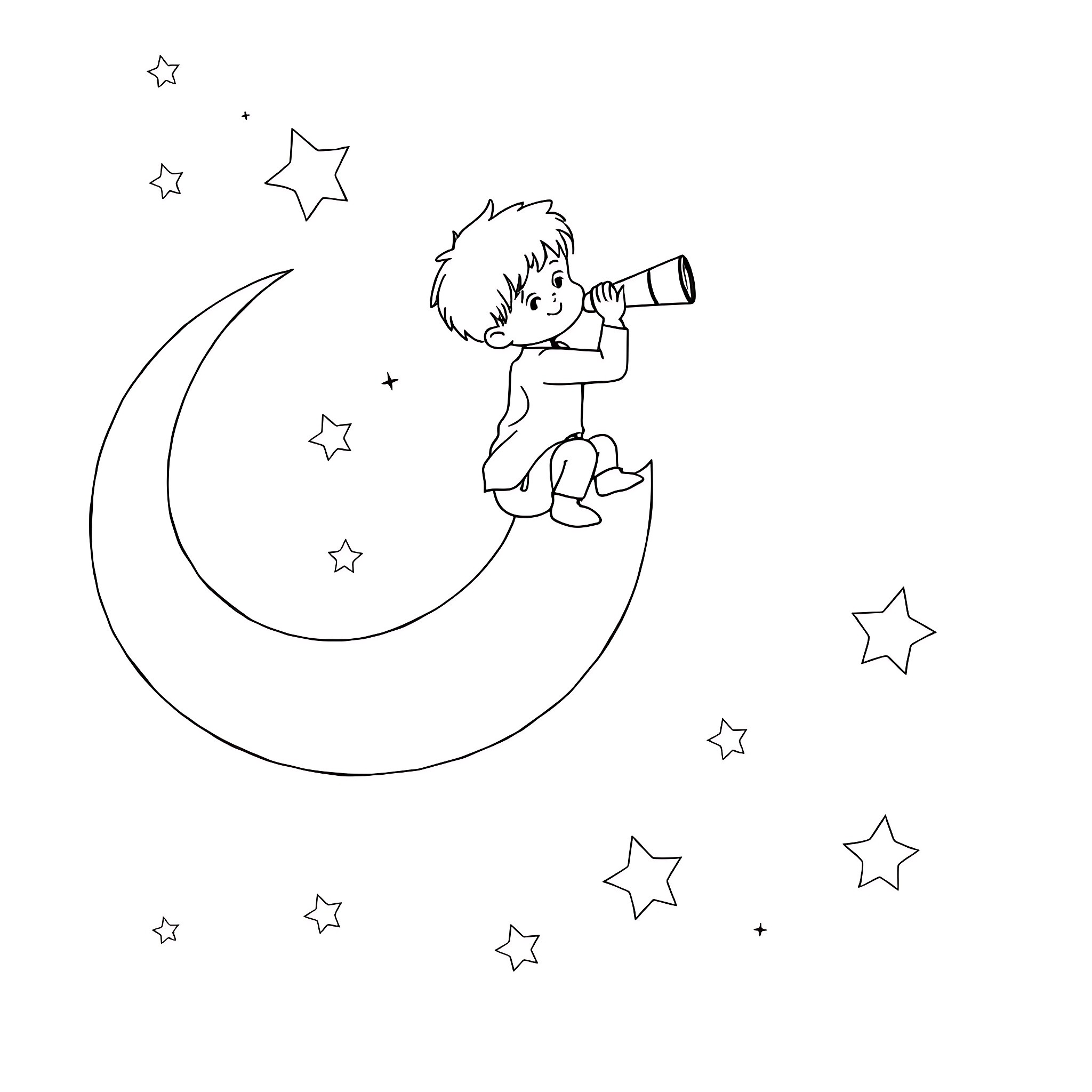 Child gazing at the stars through a telescope Coloring Page (free black-and-white line drawing printable PDF for all, from beginners to advanced learners, including children, teens, adults, and seniors)