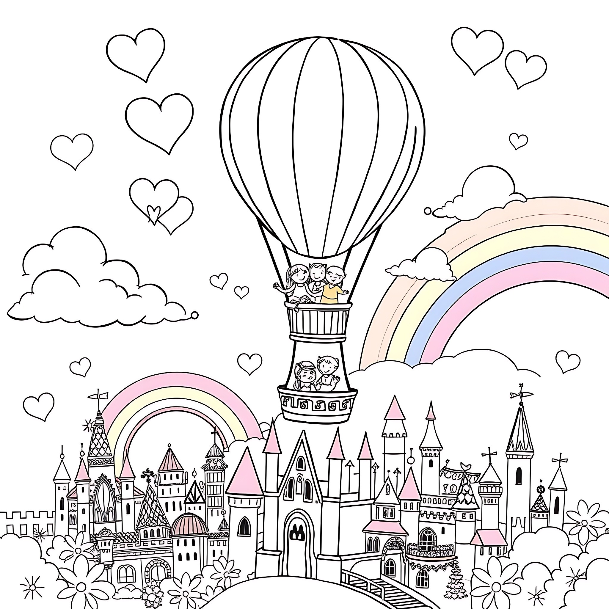 Hot Air Balloon Ride Over Fantasy Castle Town Coloring Page (free black-and-white line drawing printable PDF for all, from beginners to advanced learners, including children, teens, adults, and seniors)