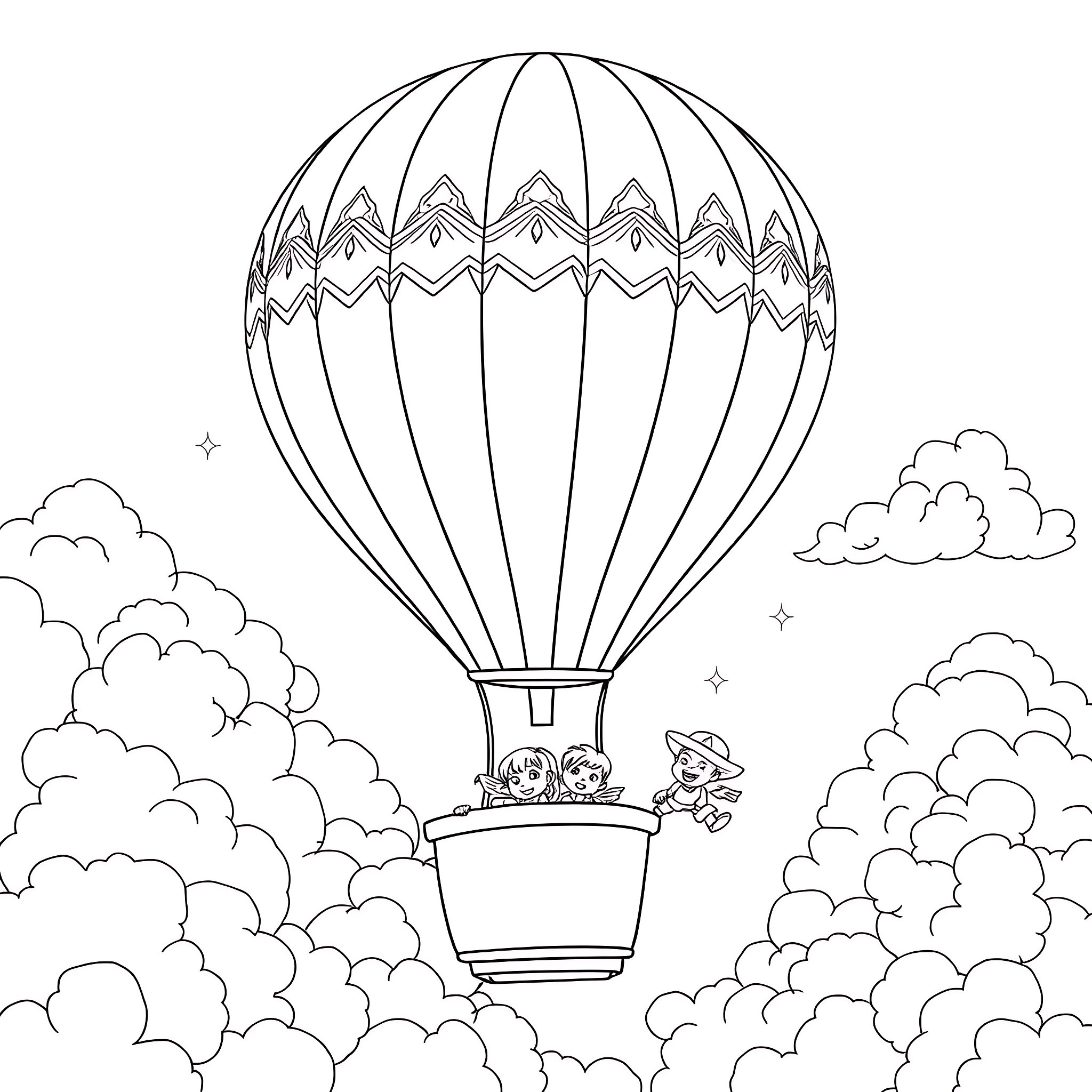 Hot Air Balloon Adventure in the Clouds Coloring Page (free black-and-white line drawing printable PDF for all, from beginners to advanced learners, including children, teens, adults, and seniors)