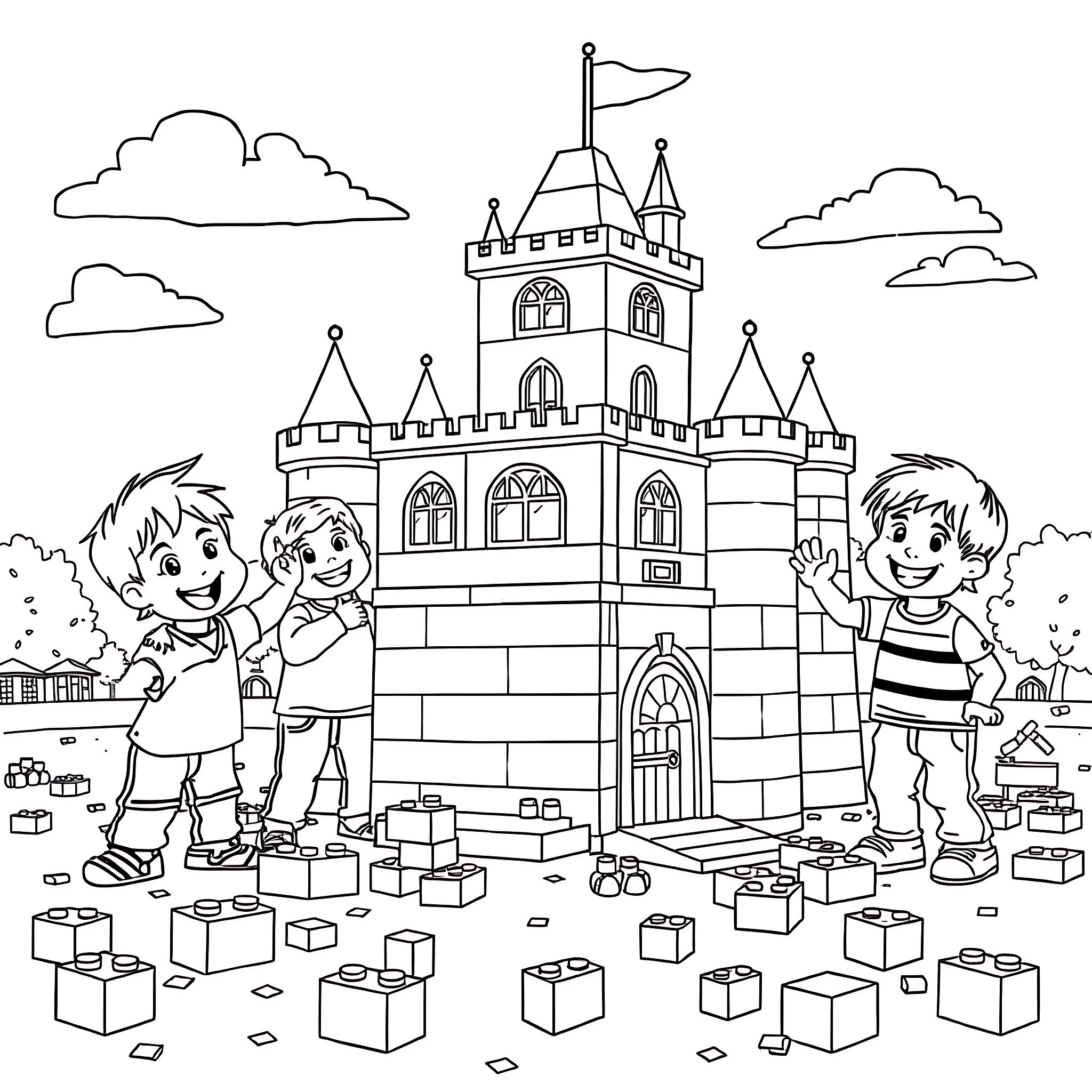 Children playing around a castle Coloring Page (free black-and-white line drawing printable PDF for all, from beginners to advanced learners, including children, teens, adults, and seniors)