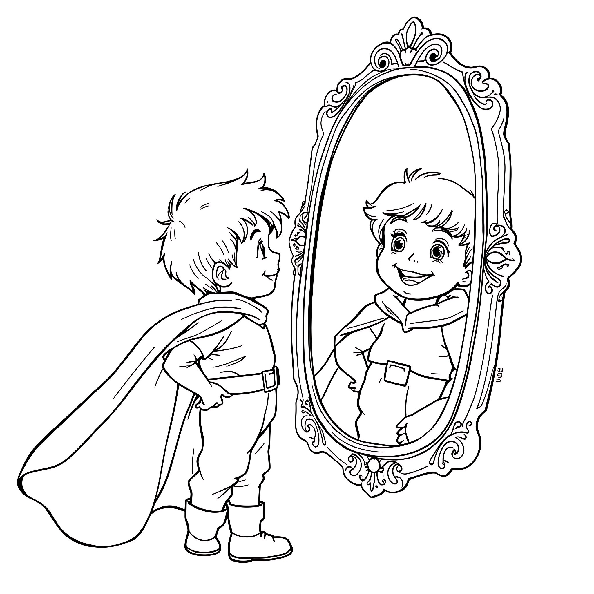 Child dressed as a prince looking at himself in a mirror Coloring Page (free black-and-white line drawing printable PDF for all, from beginners to advanced learners, including children, teens, adults, and seniors)