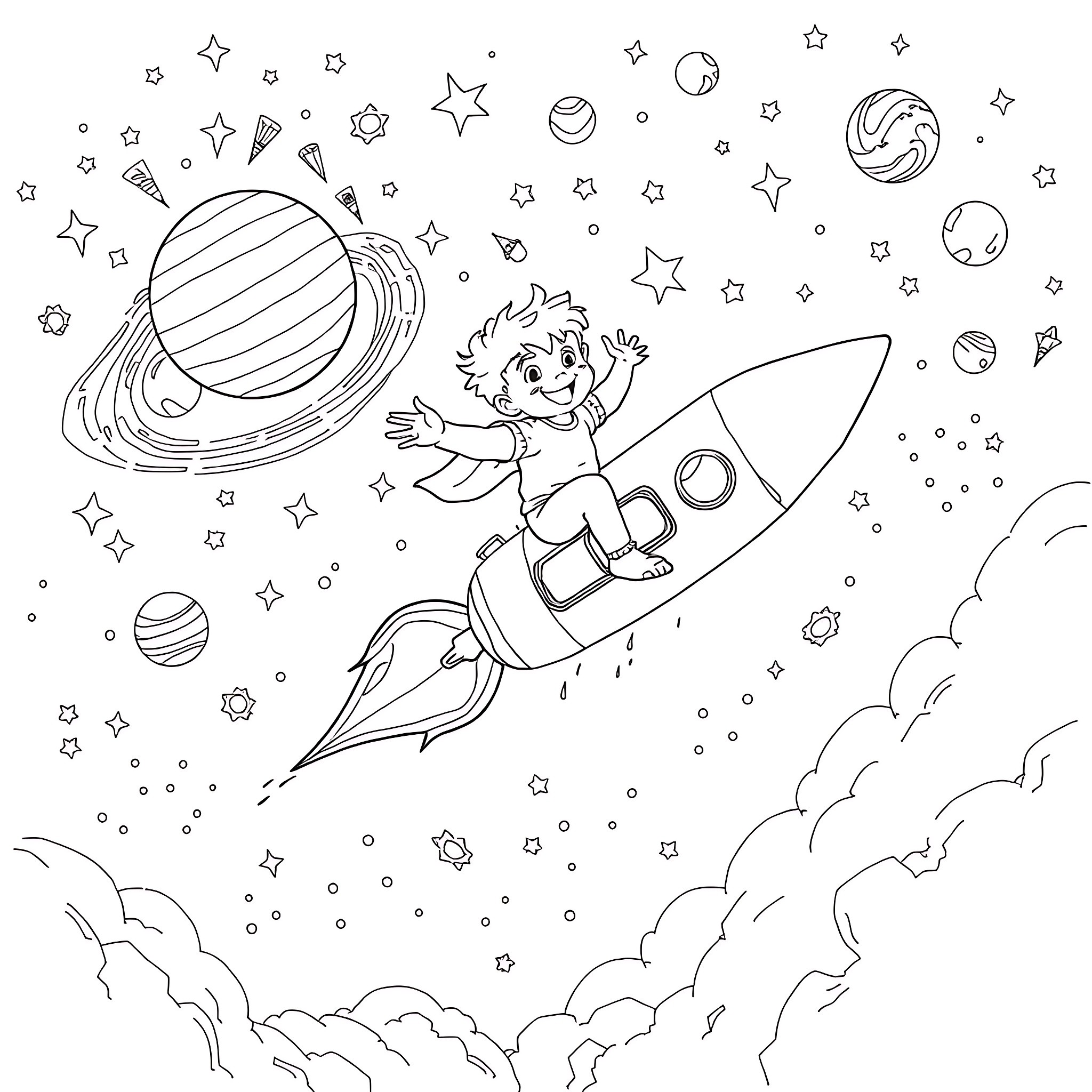 Child exploring the cosmic wonders on a rocket ship Coloring Page (free black-and-white line drawing printable PDF for all, from beginners to advanced learners, including children, teens, adults, and seniors)