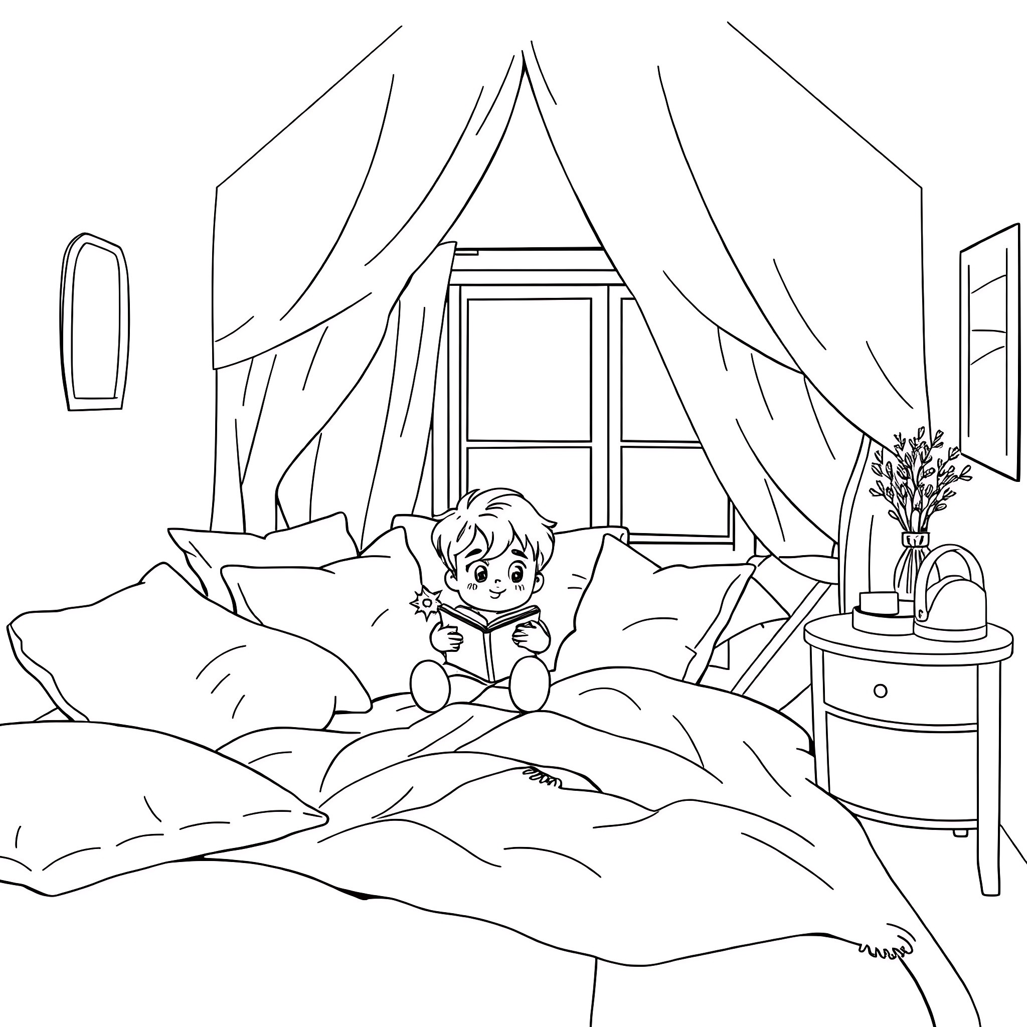 Child reading a book in cozy bedroom Coloring Page (free black-and-white line drawing printable PDF for all, from beginners to advanced learners, including children, teens, adults, and seniors)