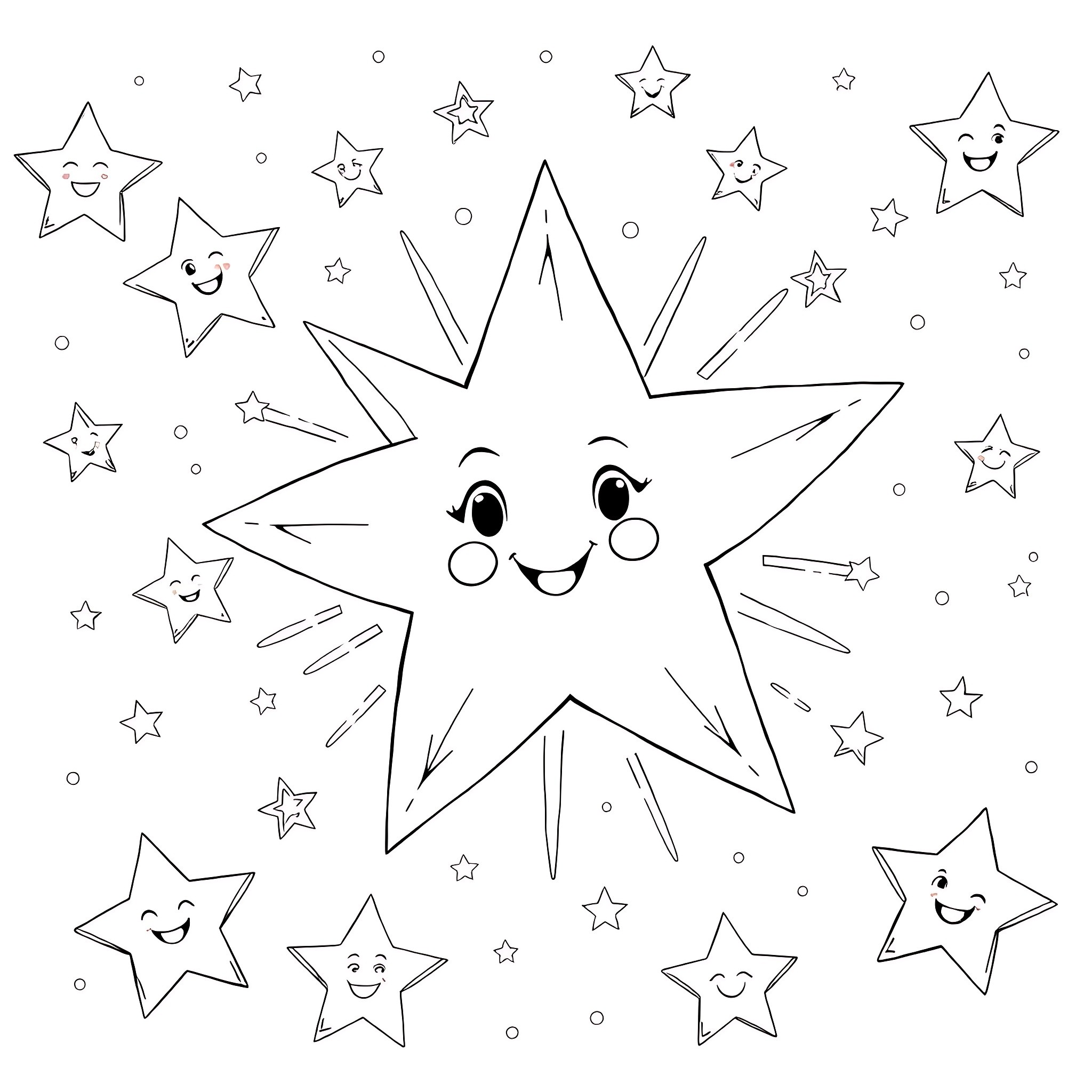 Star-Shaped Figures Dancing Happily Among the Stars Coloring Page (free black-and-white line drawing printable PDF for all, from beginners to advanced learners, including children, teens, adults, and seniors)