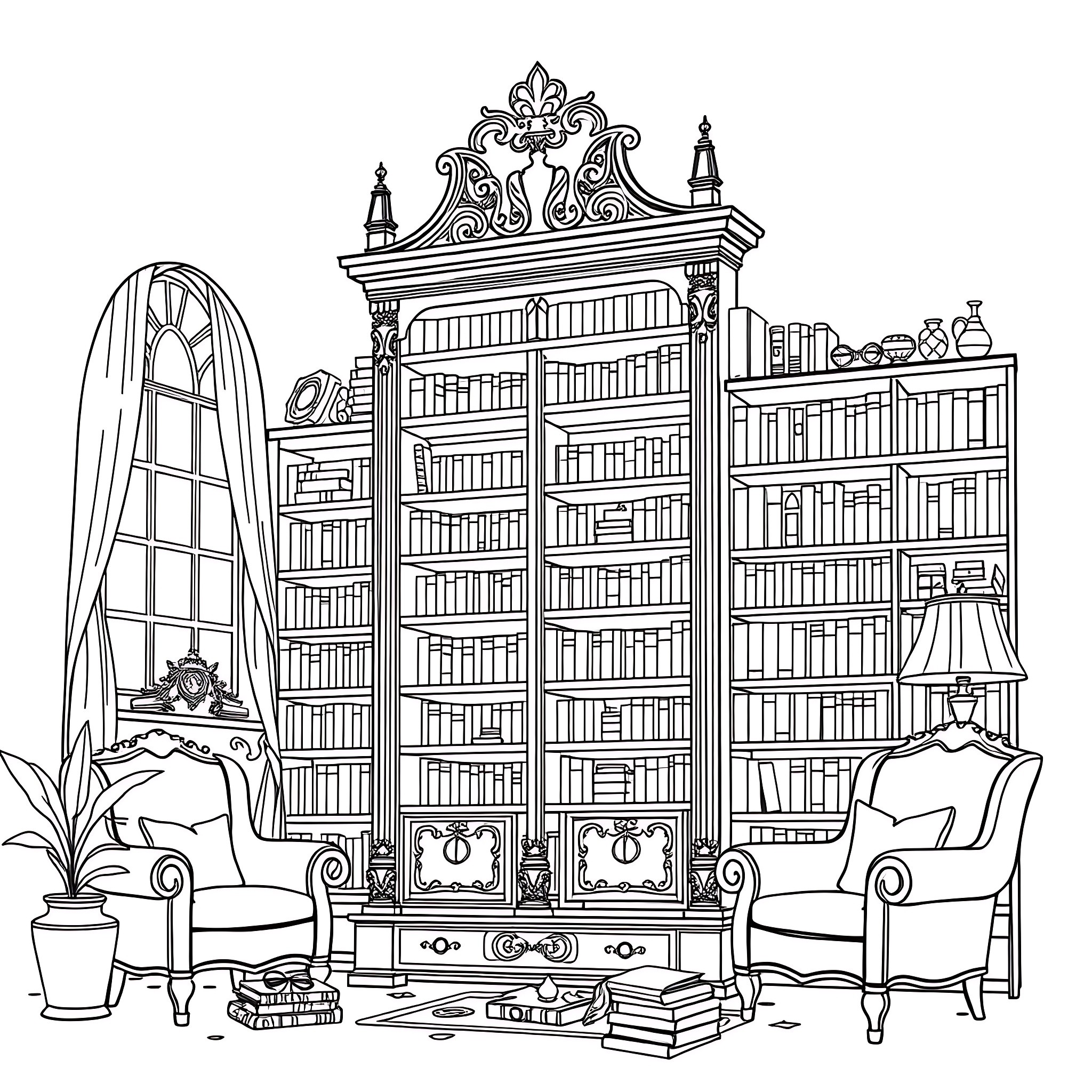 Book Shelf with Cozy Armchairs and Vintage Decor Coloring Page (free black-and-white line drawing printable PDF for all, from beginners to advanced learners, including children, teens, adults, and seniors)