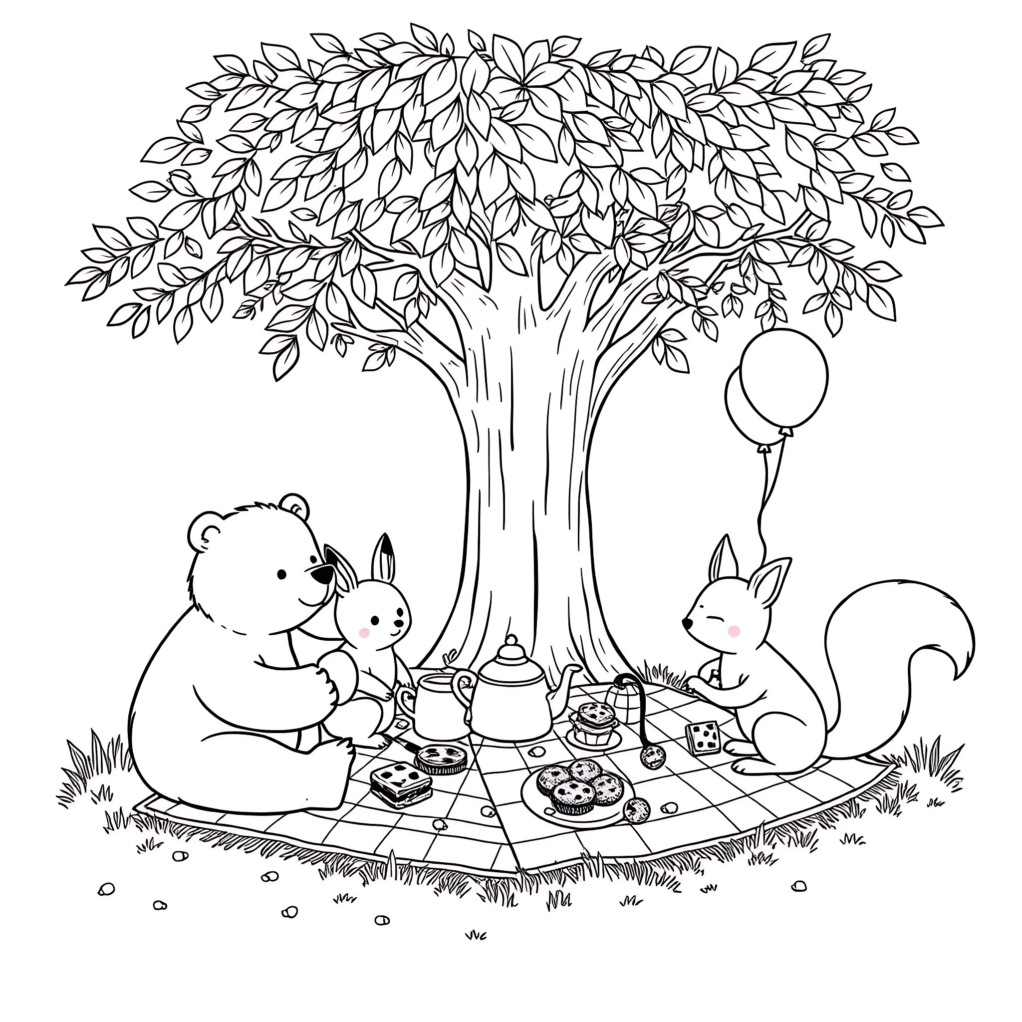 Animal friends having a picnic under the tree Coloring Page (free black-and-white line drawing printable PDF for all, from beginners to advanced learners, including children, teens, adults, and seniors)