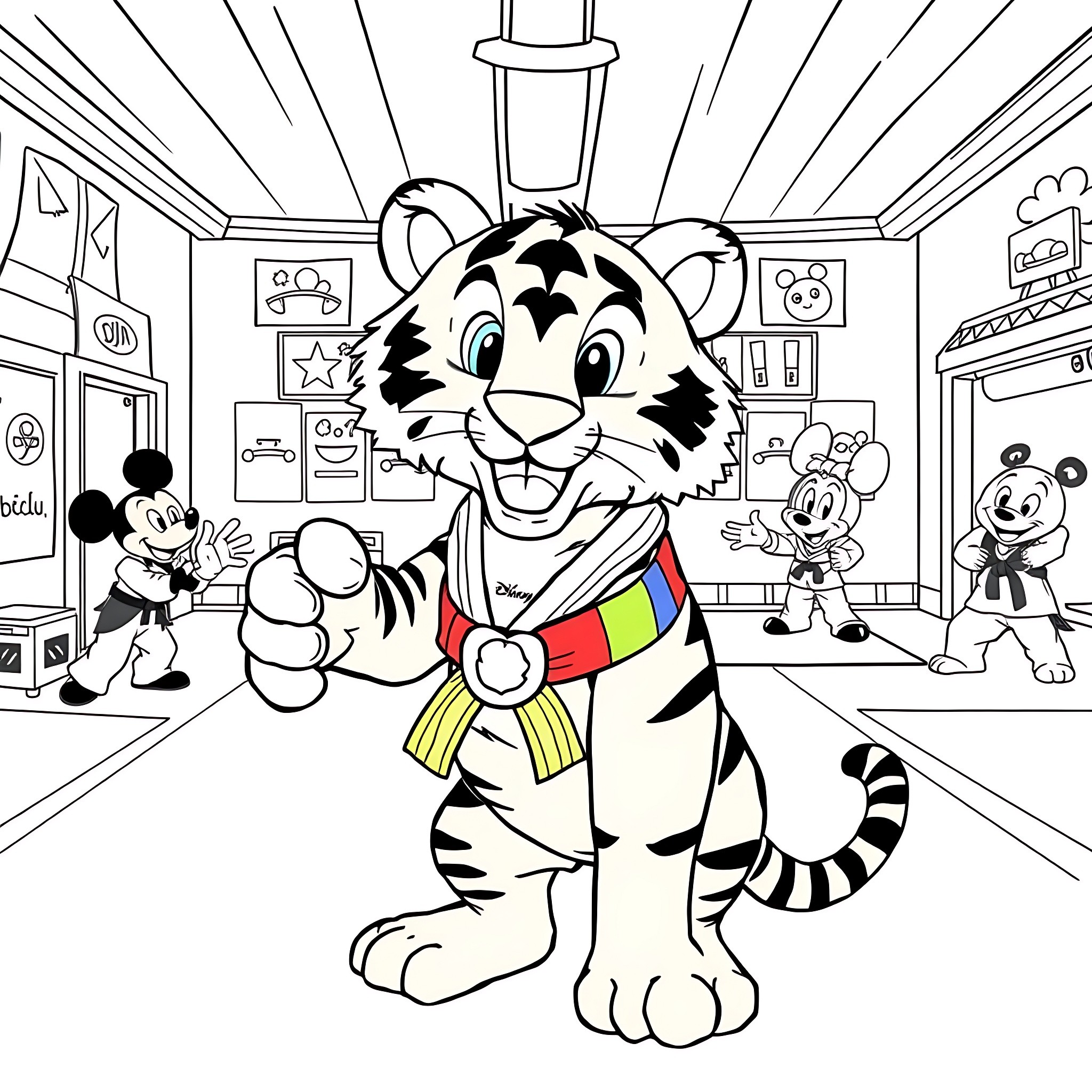 Tiger Enjoys Playful Cartoon Adventure Coloring Page (free black-and-white line drawing printable PDF for all, from beginners to advanced learners, including children, teens, adults, and seniors)