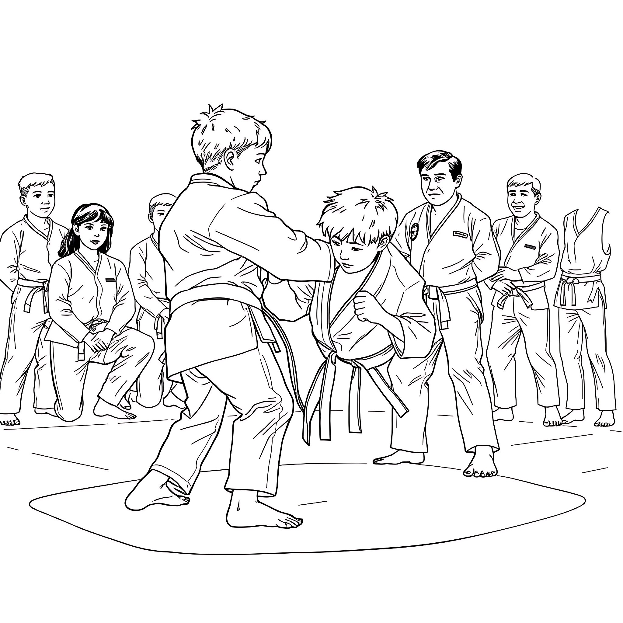 Kid martial artists practicing together on the mat Coloring Page (free black-and-white line drawing printable PDF for all, from beginners to advanced learners, including children, teens, adults, and seniors)