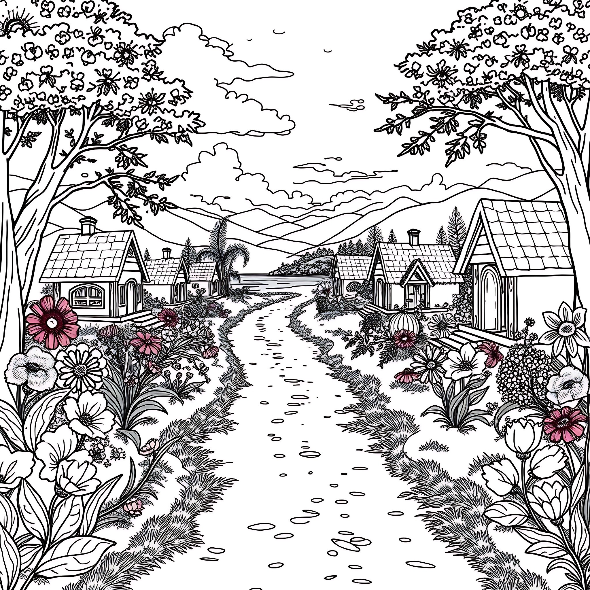 House and Nature Scenery in Outline Art Coloring Page (free black-and-white line drawing printable PDF for all, from beginners to advanced learners, including children, teens, adults, and seniors)