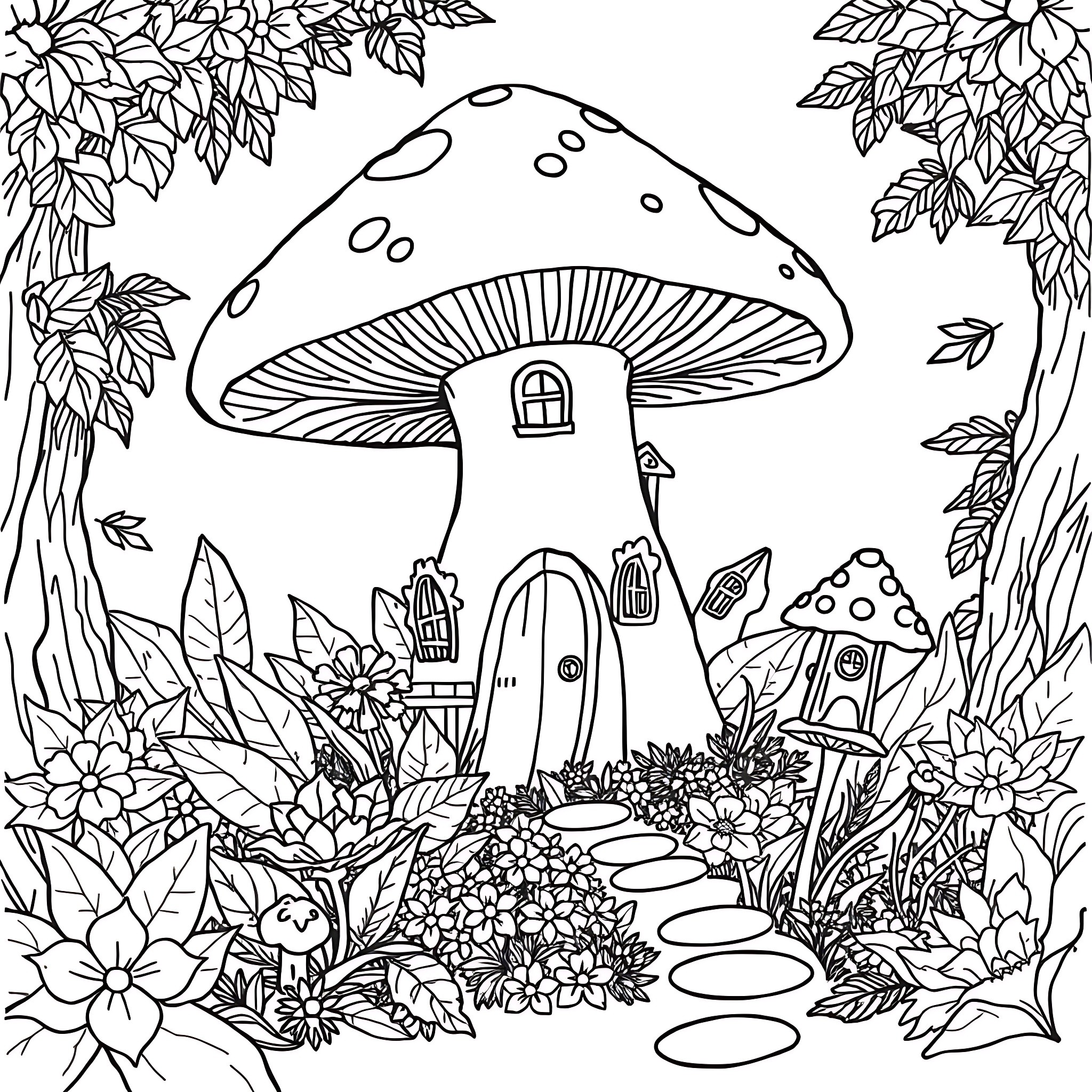 Fairy House in the Whimsical Forest Coloring Page (free black-and-white line drawing printable PDF for all, from beginners to advanced learners, including children, teens, adults, and seniors)