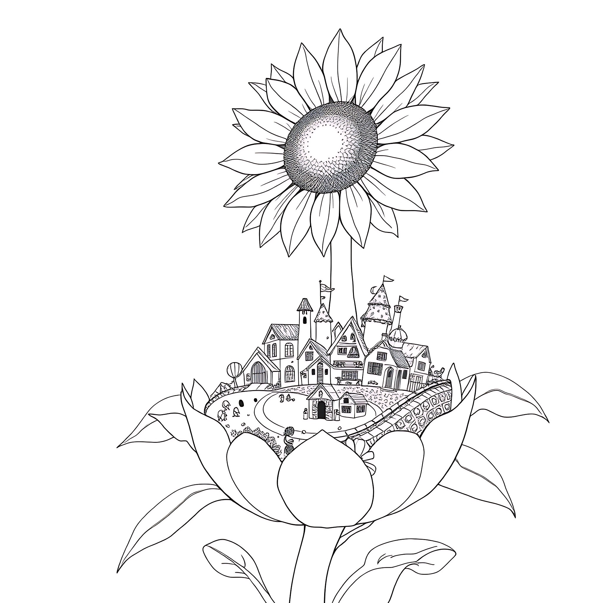 Sunflower with whimsical fantasy village Coloring Page (free black-and-white line drawing printable PDF for all, from beginners to advanced learners, including children, teens, adults, and seniors)
