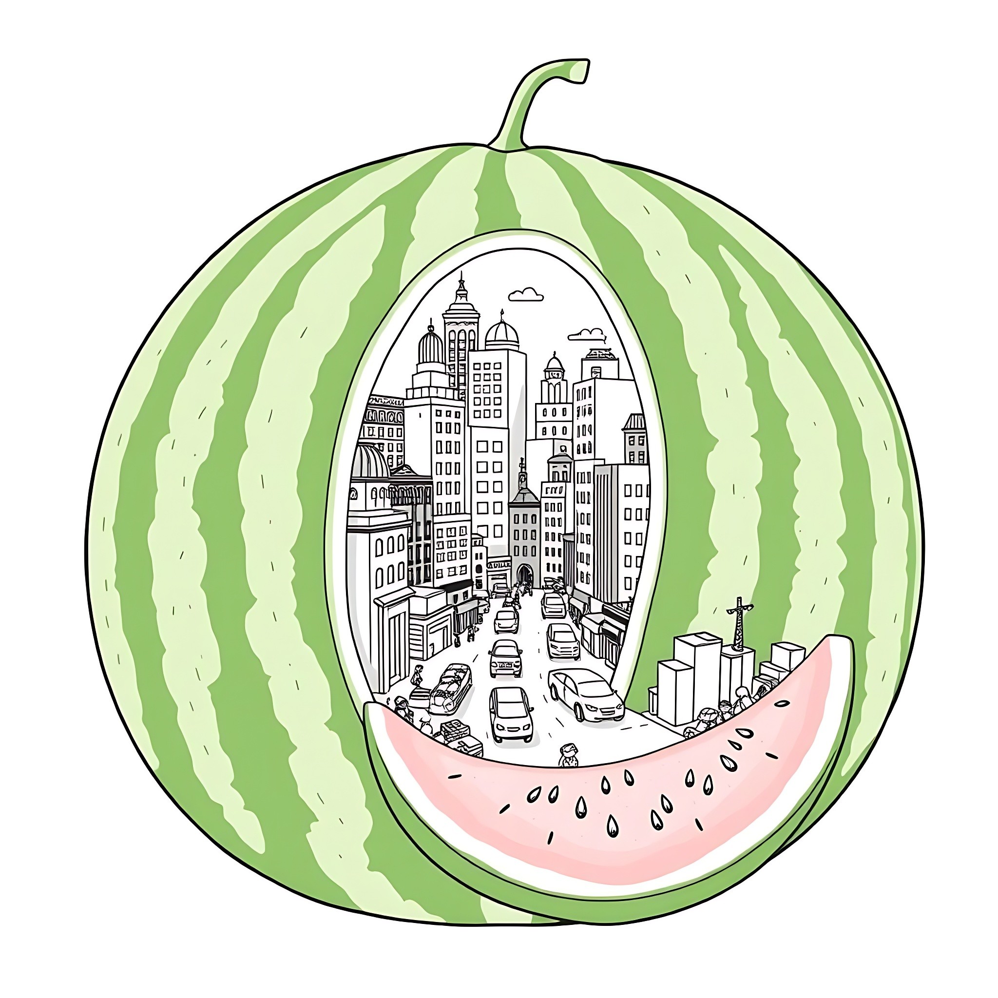 Watermelon with a city scene inside Coloring Page (free black-and-white line drawing printable PDF for all, from beginners to advanced learners, including children, teens, adults, and seniors)