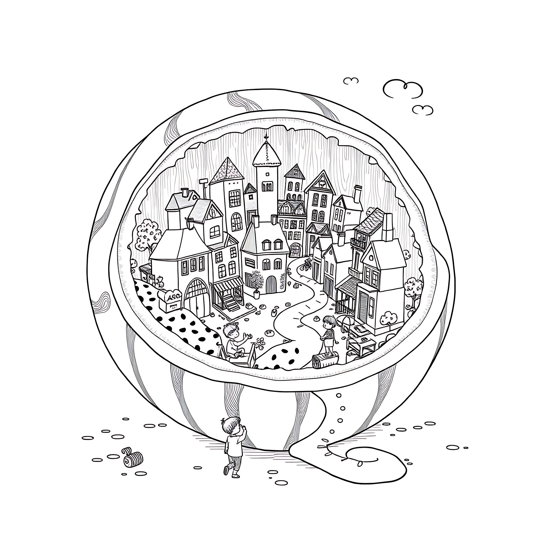 Watermelon-shaped snow globe with enchanting town scene Coloring Page (free black-and-white line drawing printable PDF for all, from beginners to advanced learners, including children, teens, adults, and seniors)