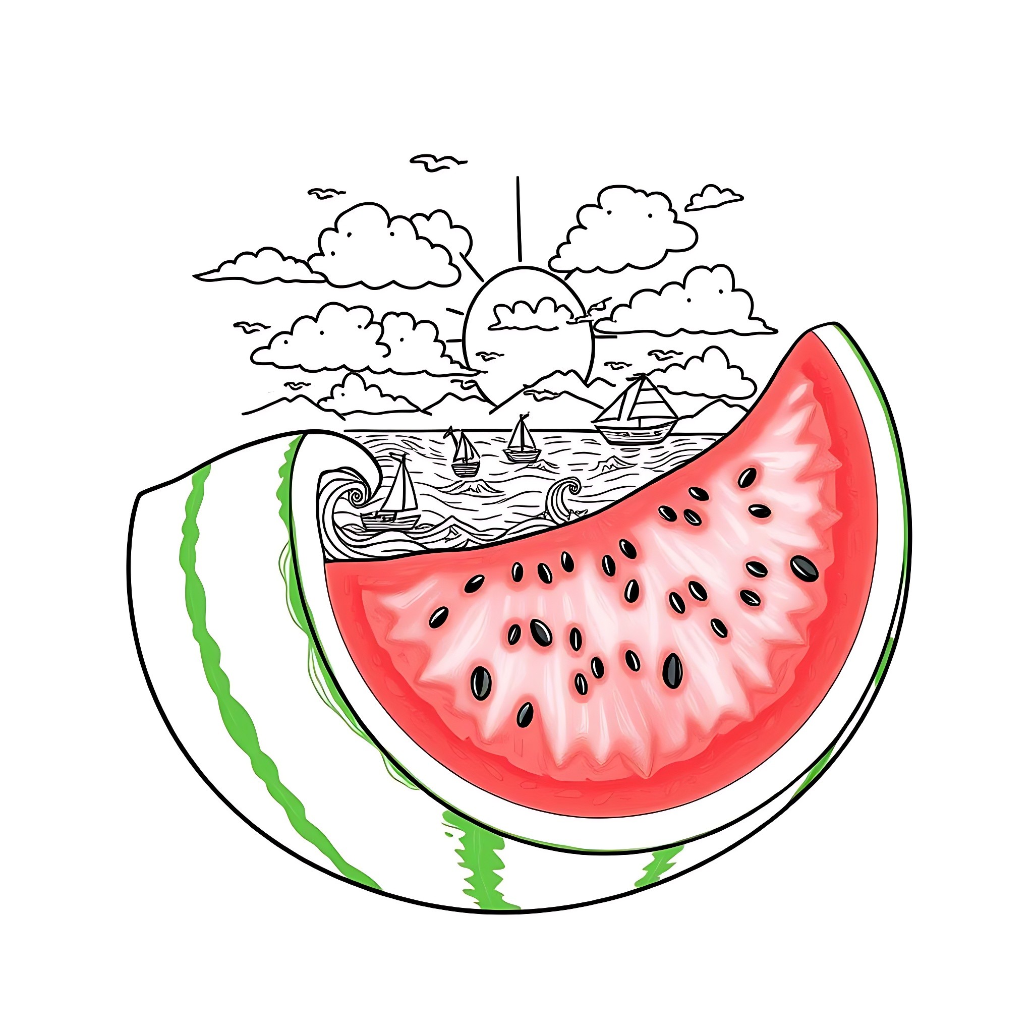 Watermelon slice with a serene ocean scene Coloring Page (free black-and-white line drawing printable PDF for all, from beginners to advanced learners, including children, teens, adults, and seniors)
