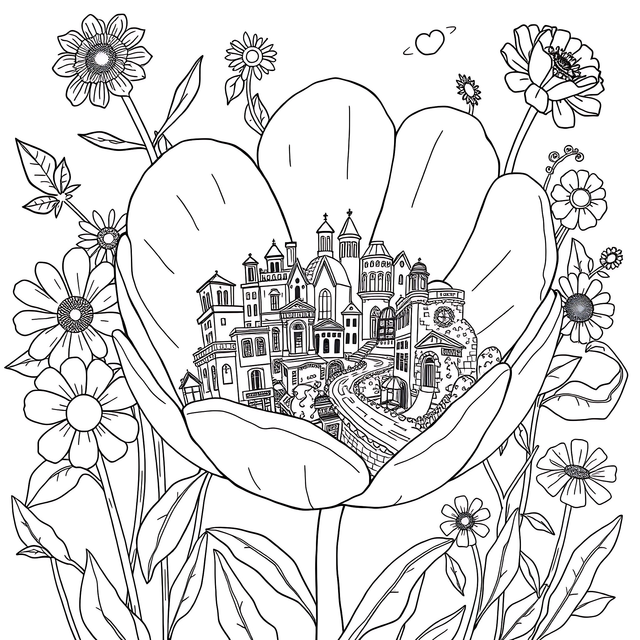Flower-filled town nestled in a heart-shaped landscape Coloring Page (free black-and-white line drawing printable PDF for all, from beginners to advanced learners, including children, teens, adults, and seniors)