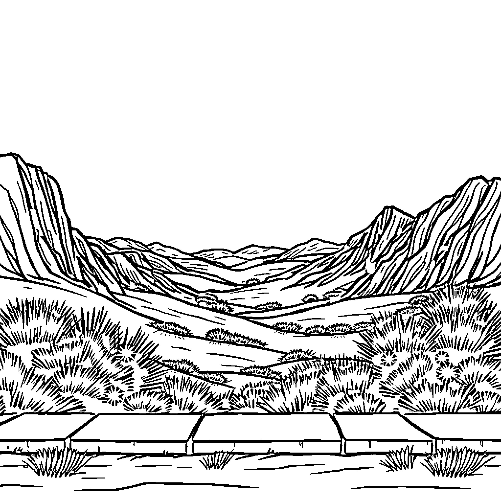 Rectangle Landscape with Mountain Ranges Coloring Page (free black-and-white line drawing printable PDF for all, from beginners to advanced learners, including children, teens, adults, and seniors)