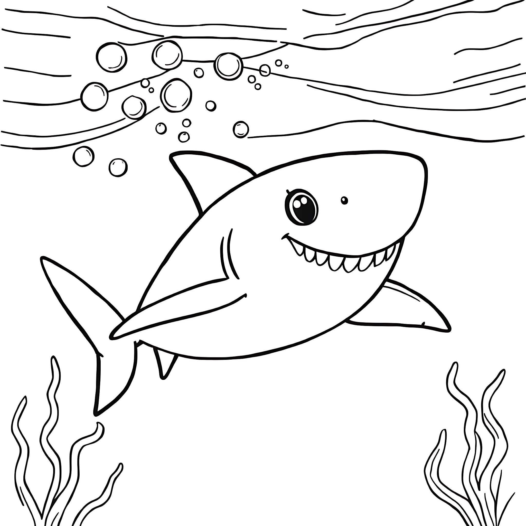 Baby Shark swimming happily in the ocean Coloring Page (free black-and-white line drawing printable PDF for all, from beginners to advanced learners, including children, teens, adults, and seniors)