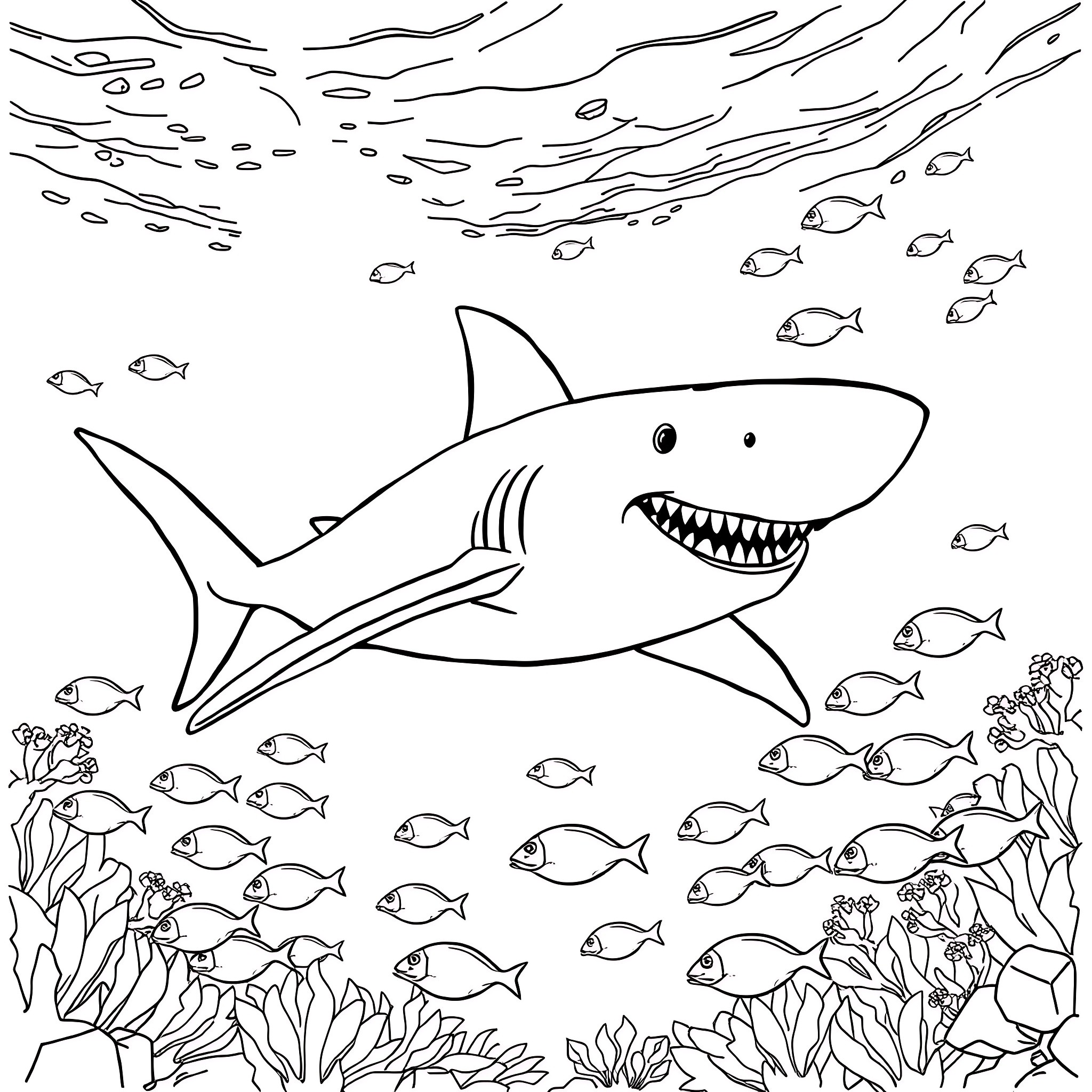 Shark swimming with school of fish in underwater scene Coloring Page (free black-and-white line drawing printable PDF for all, from beginners to advanced learners, including children, teens, adults, and seniors)