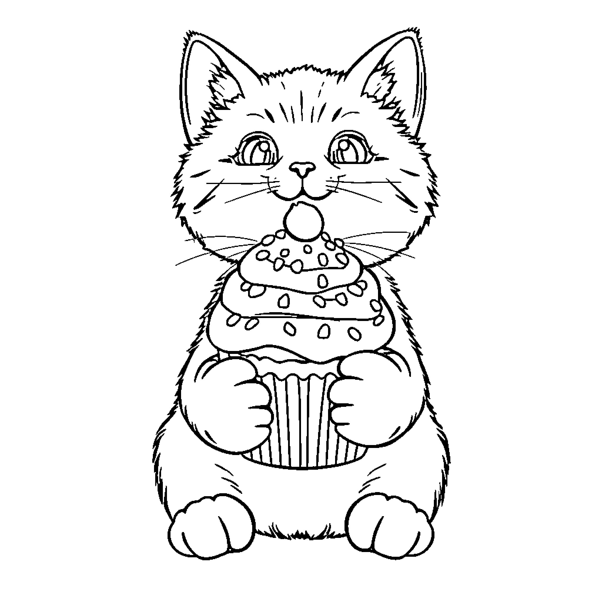 Cat enjoying a tasty cupcake Coloring Page (free black-and-white line drawing printable PDF for all, from beginners to advanced learners, including children, teens, adults, and seniors)