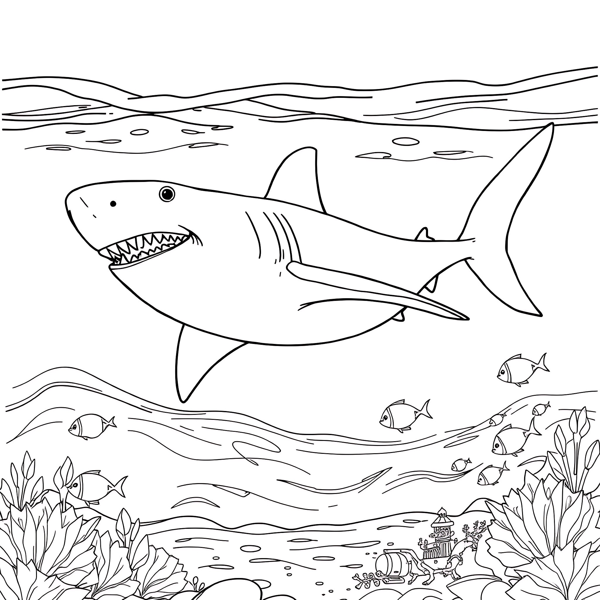 Shark exploring the underwater world Coloring Page (free black-and-white line drawing printable PDF for all, from beginners to advanced learners, including children, teens, adults, and seniors)