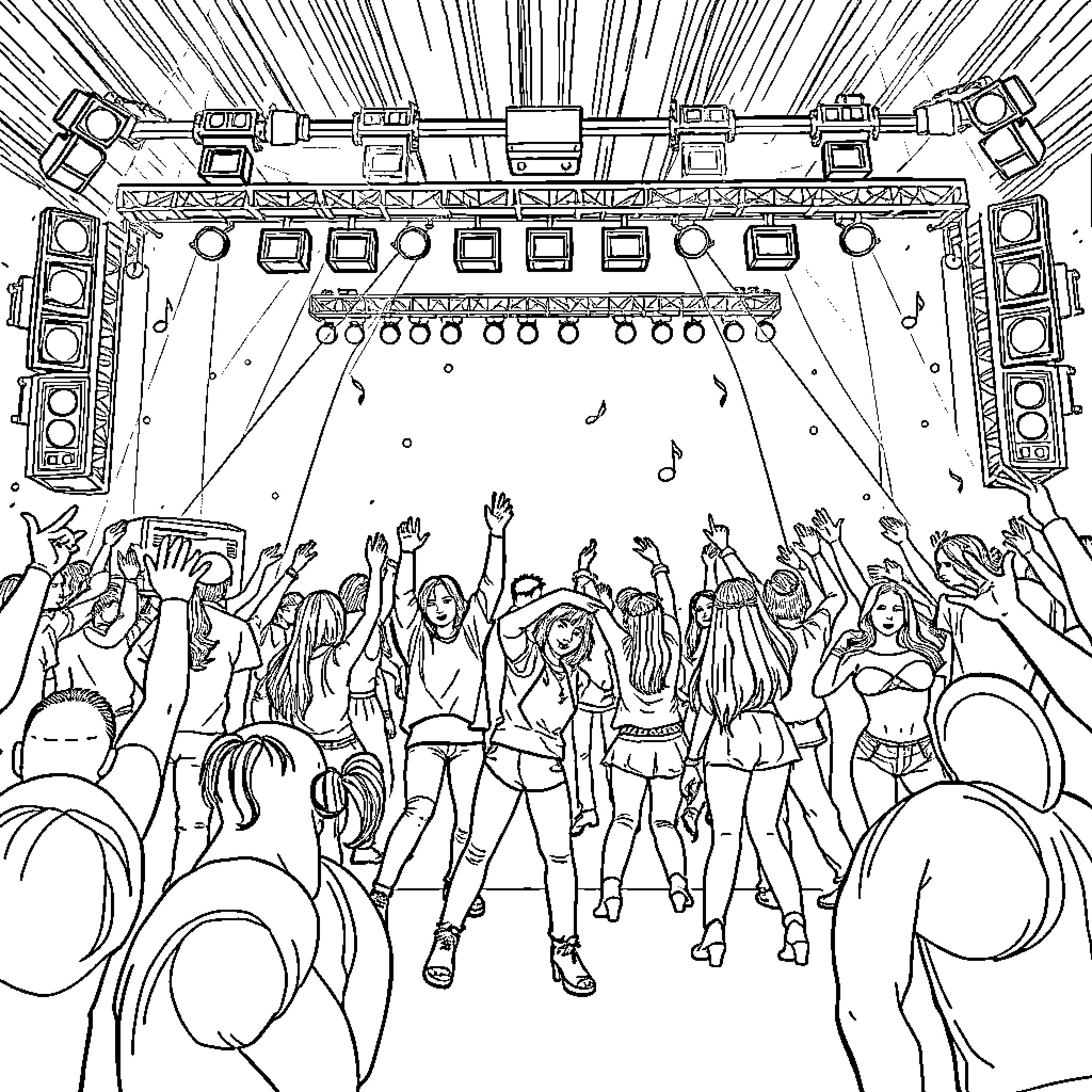 K Pop Concert: Energetic Performers on Stage Coloring Page (free black-and-white line drawing printable PDF for all, from beginners to advanced learners, including children, teens, adults, and seniors)
