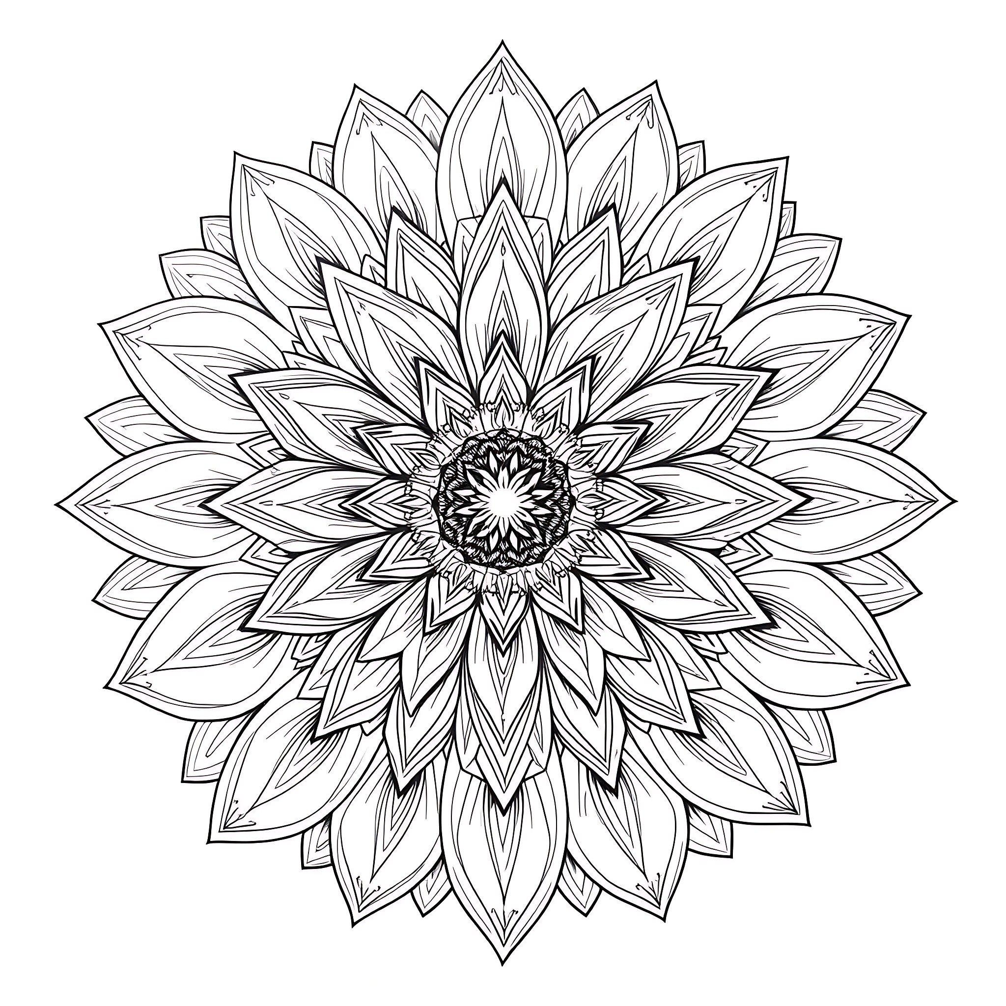 Sunflower Mandala with Intricate Floral Pattern Coloring Page (free black-and-white line drawing printable PDF for all, from beginners to advanced learners, including children, teens, adults, and seniors)