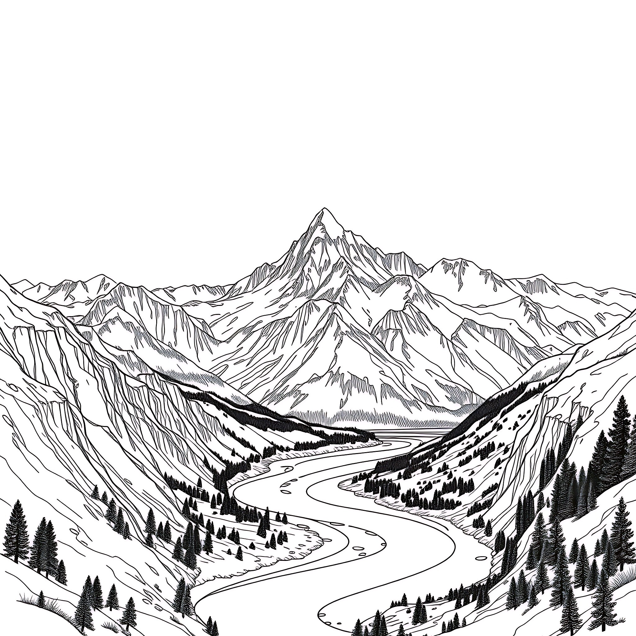 Mountain Range with Winding Road and Forest Coloring Page (free black-and-white line drawing printable PDF for all, from beginners to advanced learners, including children, teens, adults, and seniors)