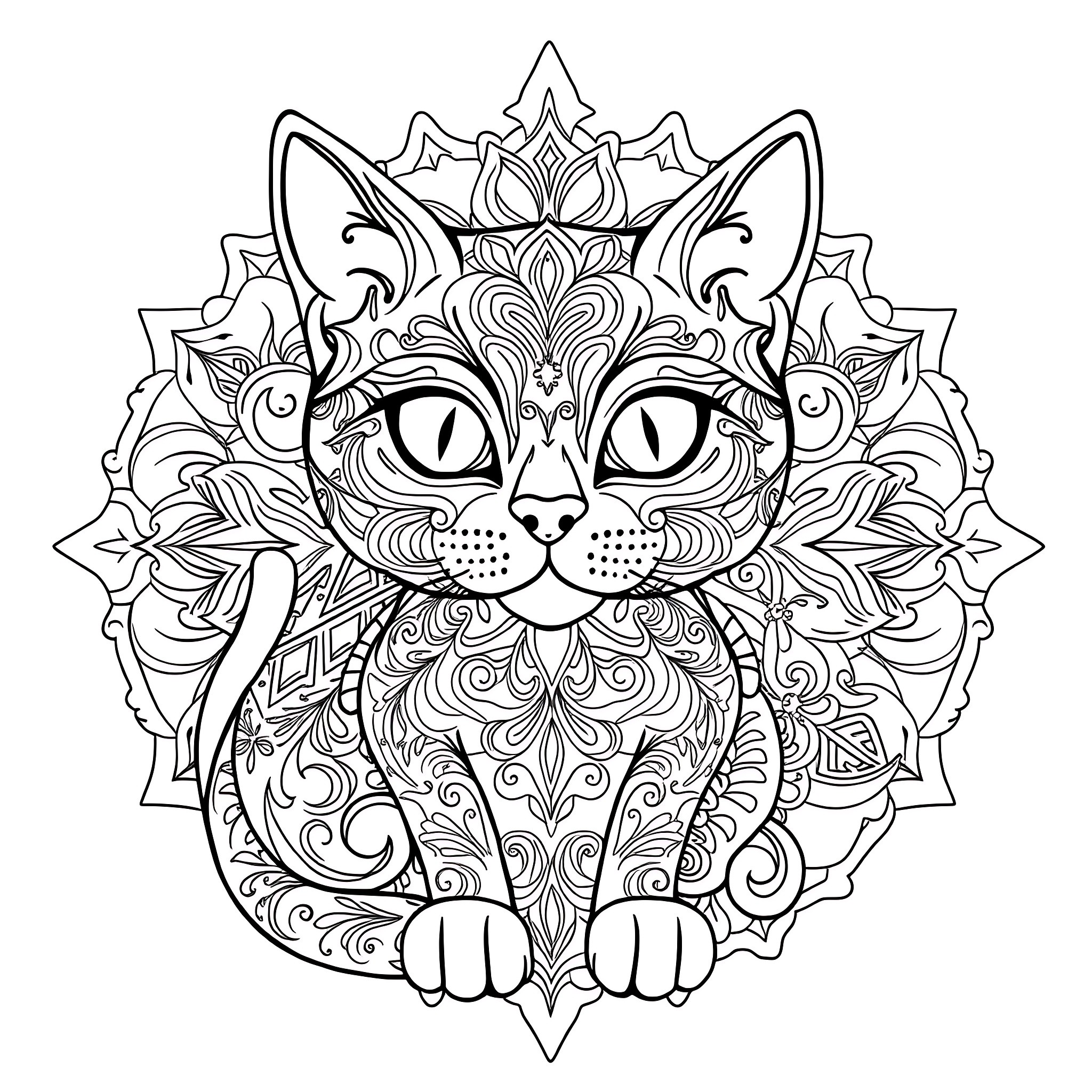 Cat with intricate floral mandala design Coloring Page (free black-and-white line drawing printable PDF for all, from beginners to advanced learners, including children, teens, adults, and seniors)