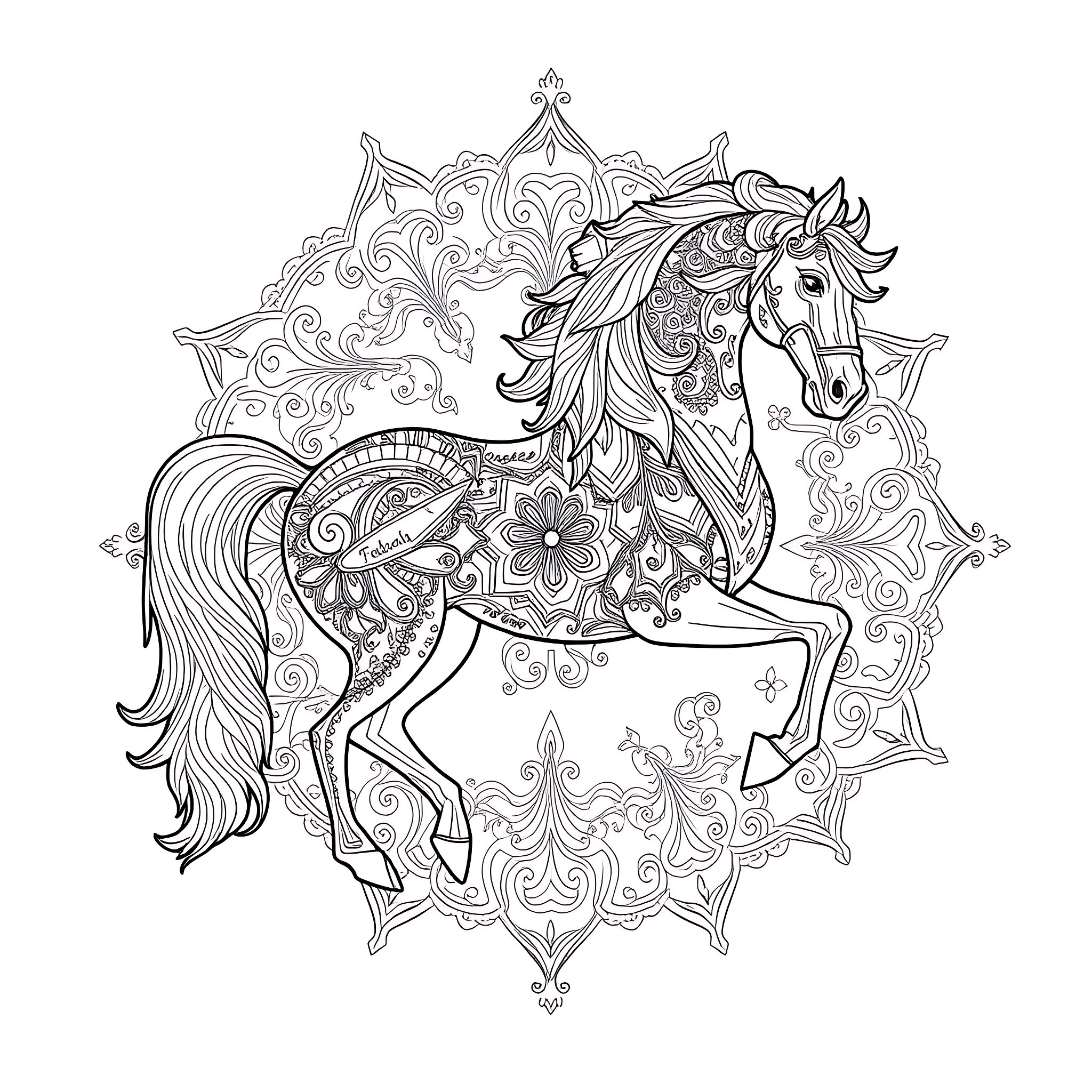 Horse in decorative floral pattern Coloring Page (free black-and-white line drawing printable PDF for all, from beginners to advanced learners, including children, teens, adults, and seniors)