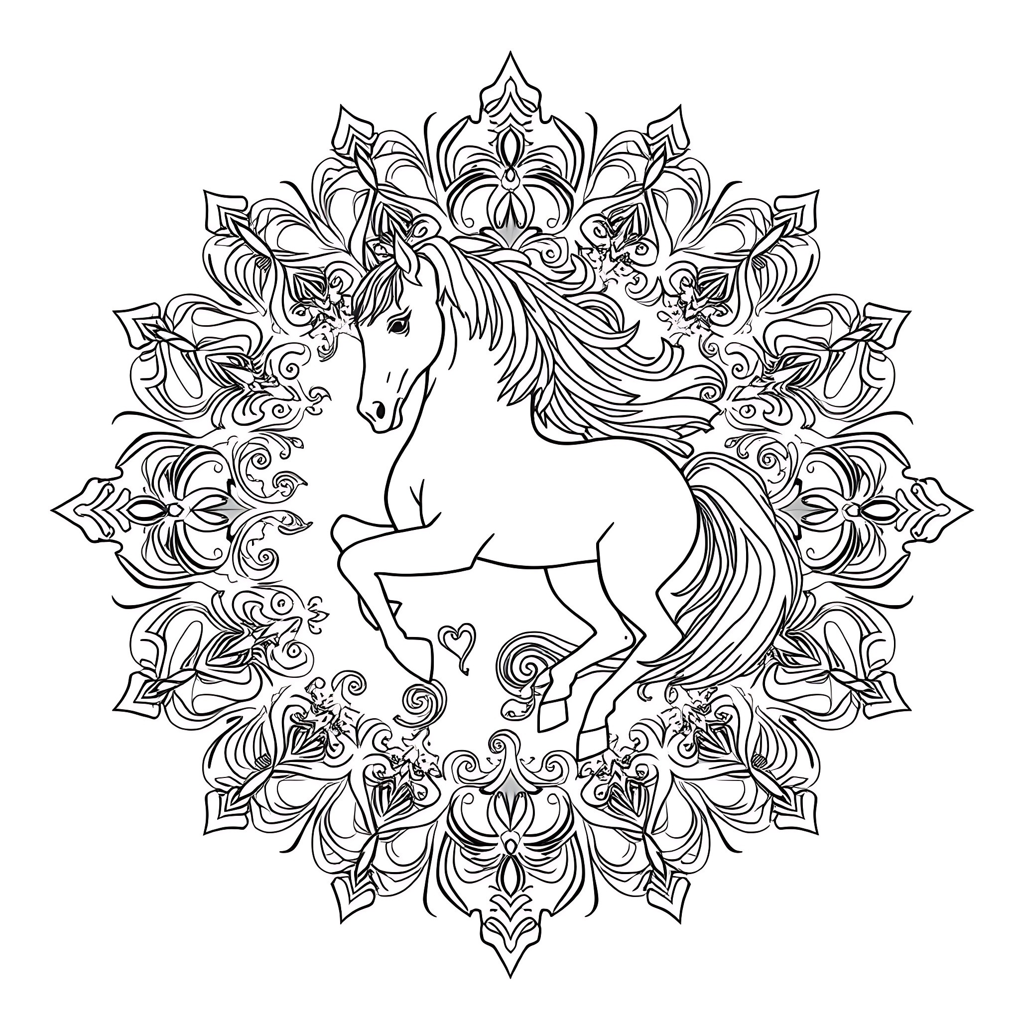 Horse in ornate floral mandala Coloring Page (free black-and-white line drawing printable PDF for all, from beginners to advanced learners, including children, teens, adults, and seniors)